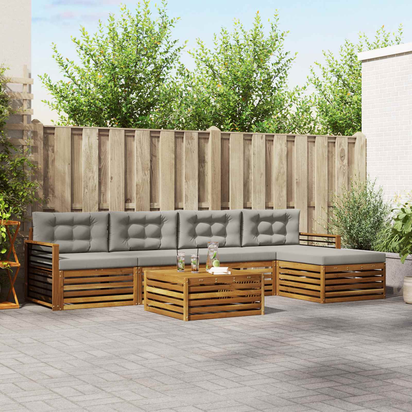 Buiten bankenset met kussen 6 pcs Natuurlijk en Lichtgrijs