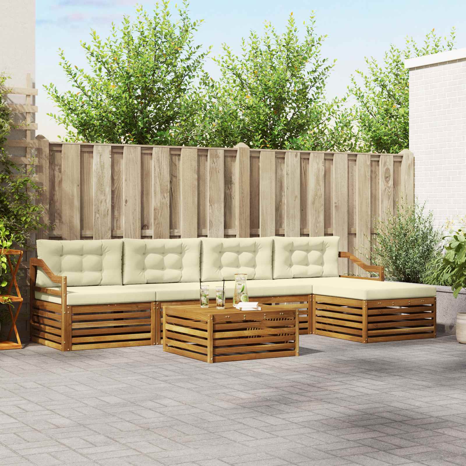 Buiten bankenset met kussen 6 pcs Natuurlijk en Crème