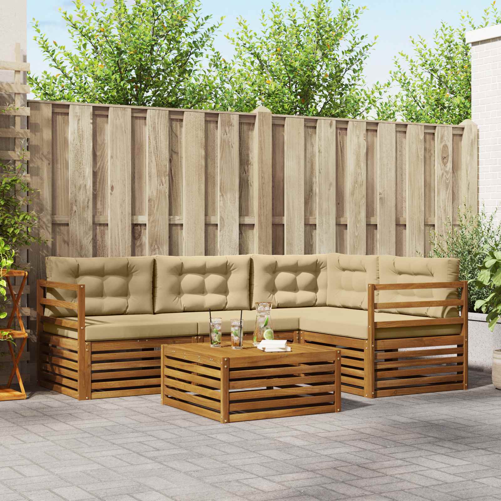 Buiten bankenset met kussen 5 pcs Natuurlijk en Beige