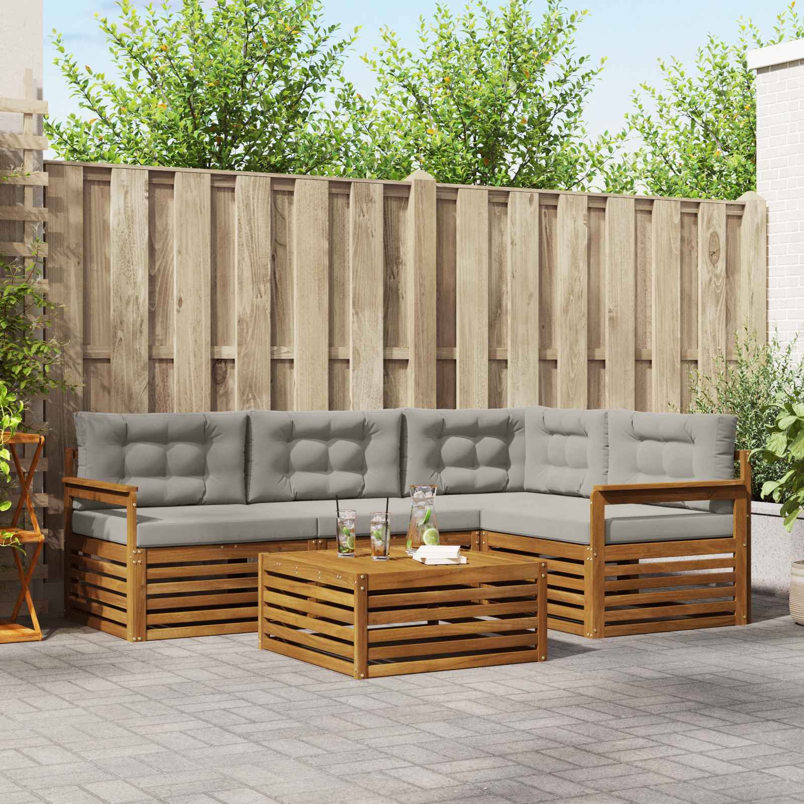 Buiten bankenset met kussen 5 pcs Natuurlijk en Lichtgrijs