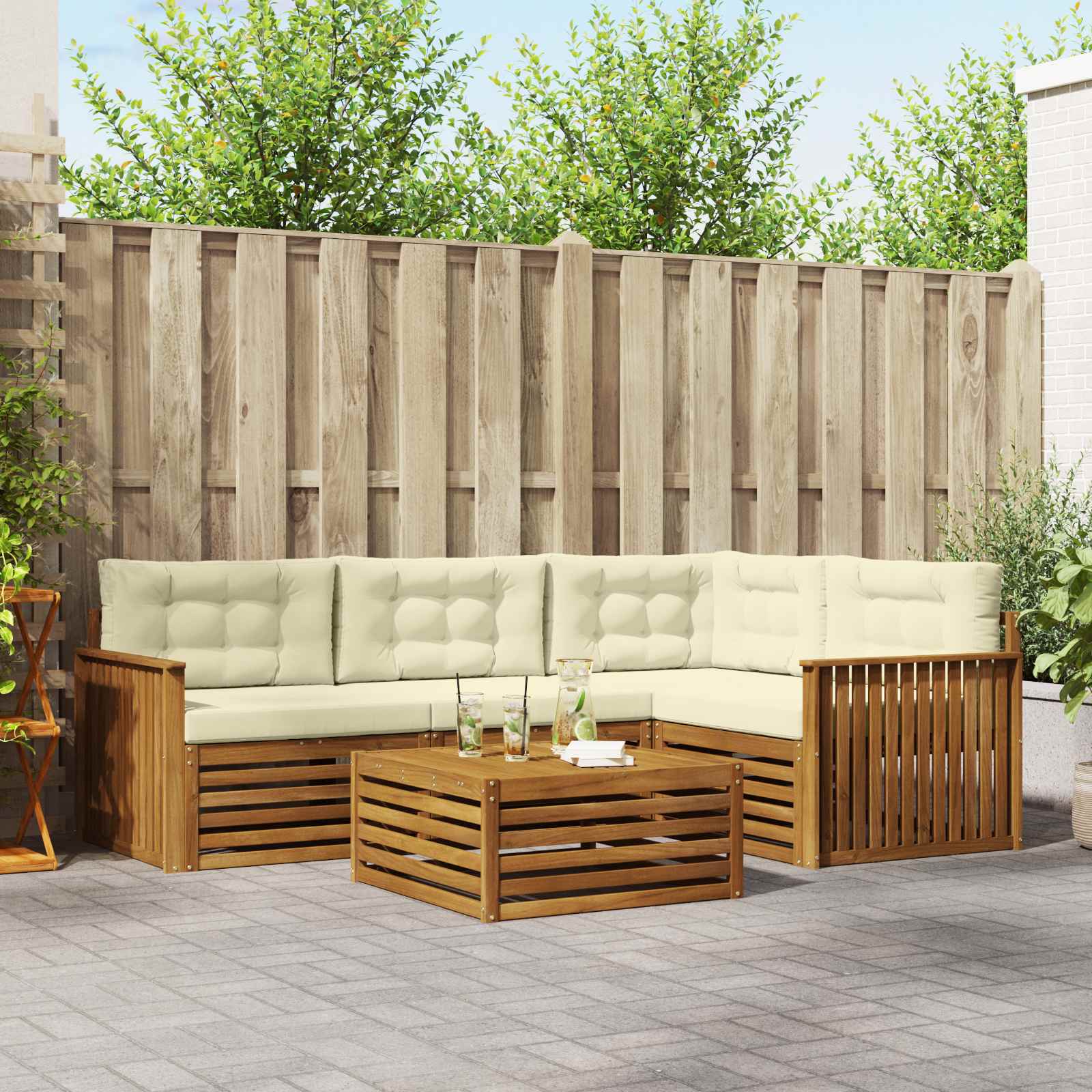 Buiten bankenset met kussen 5 pcs Natuurlijk en Crème