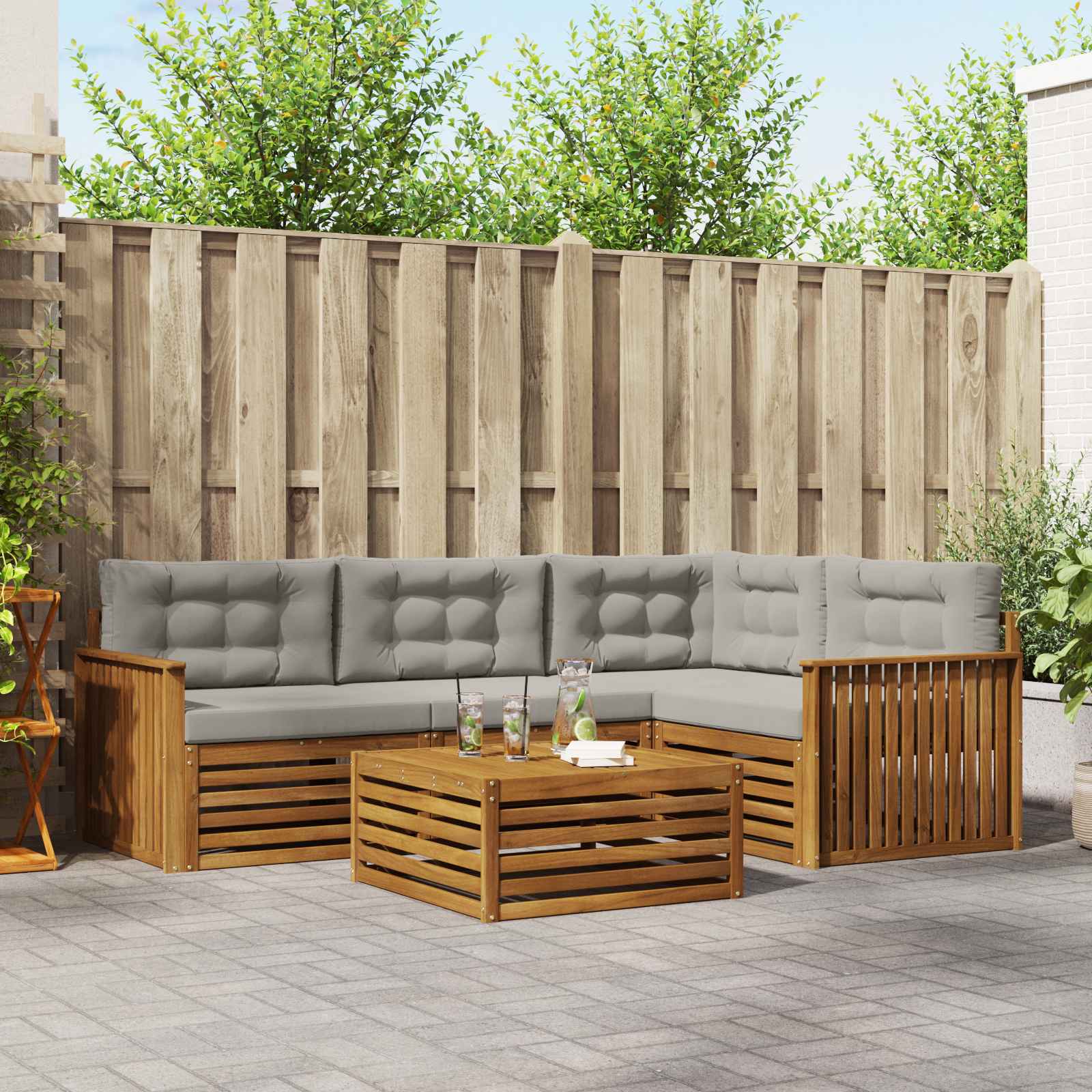 Buiten bankenset met kussen 5 pcs Natuurlijk en Lichtgrijs