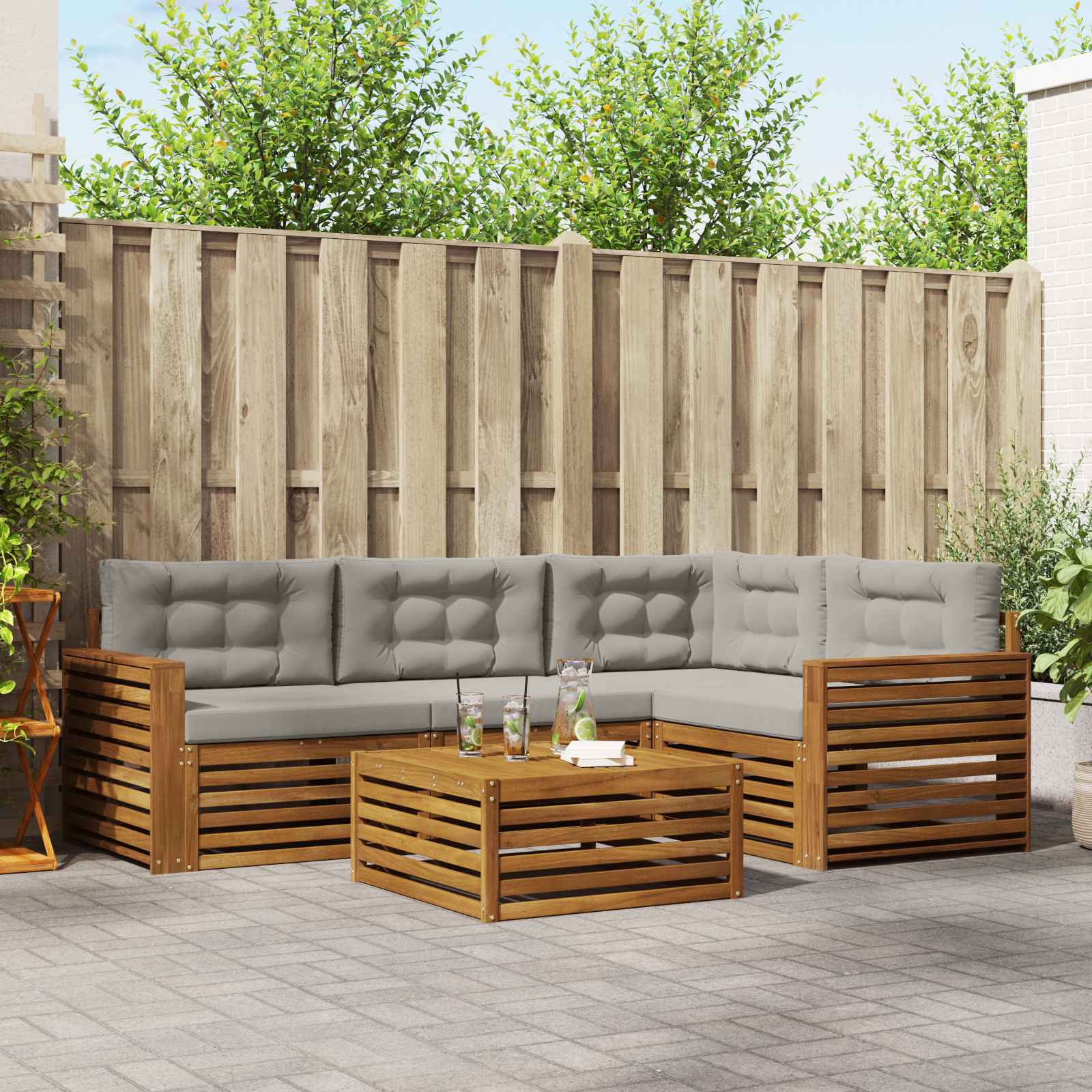 Buiten bankenset met kussen 5 pcs Natuurlijk en Lichtgrijs