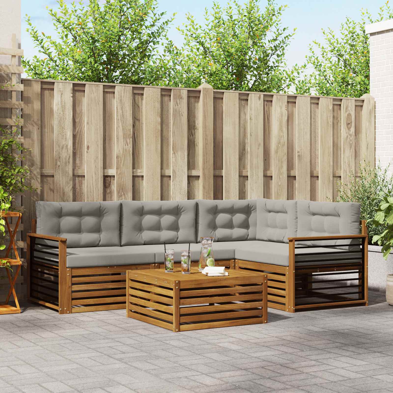 Buiten bankenset met kussen 5 pcs Natuurlijk en Lichtgrijs