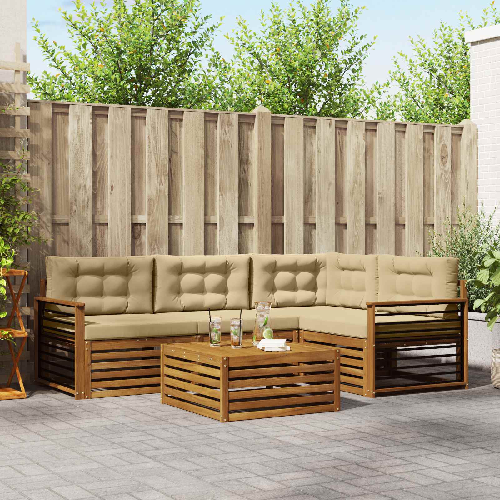 Buiten bankenset met kussen 5 pcs Natuurlijk en Beige