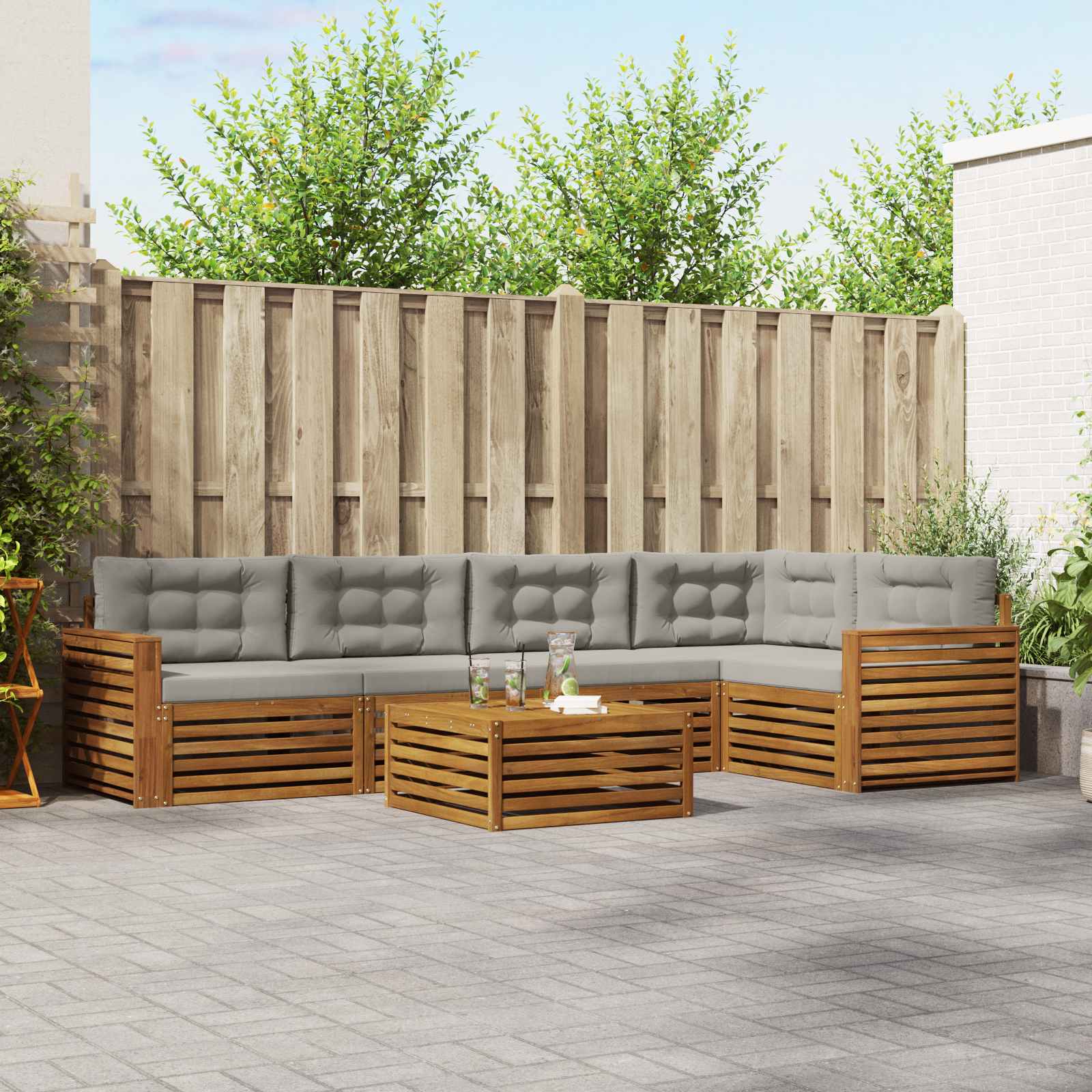 Buiten bankenset met kussen 6 pcs Natuurlijk en Lichtgrijs