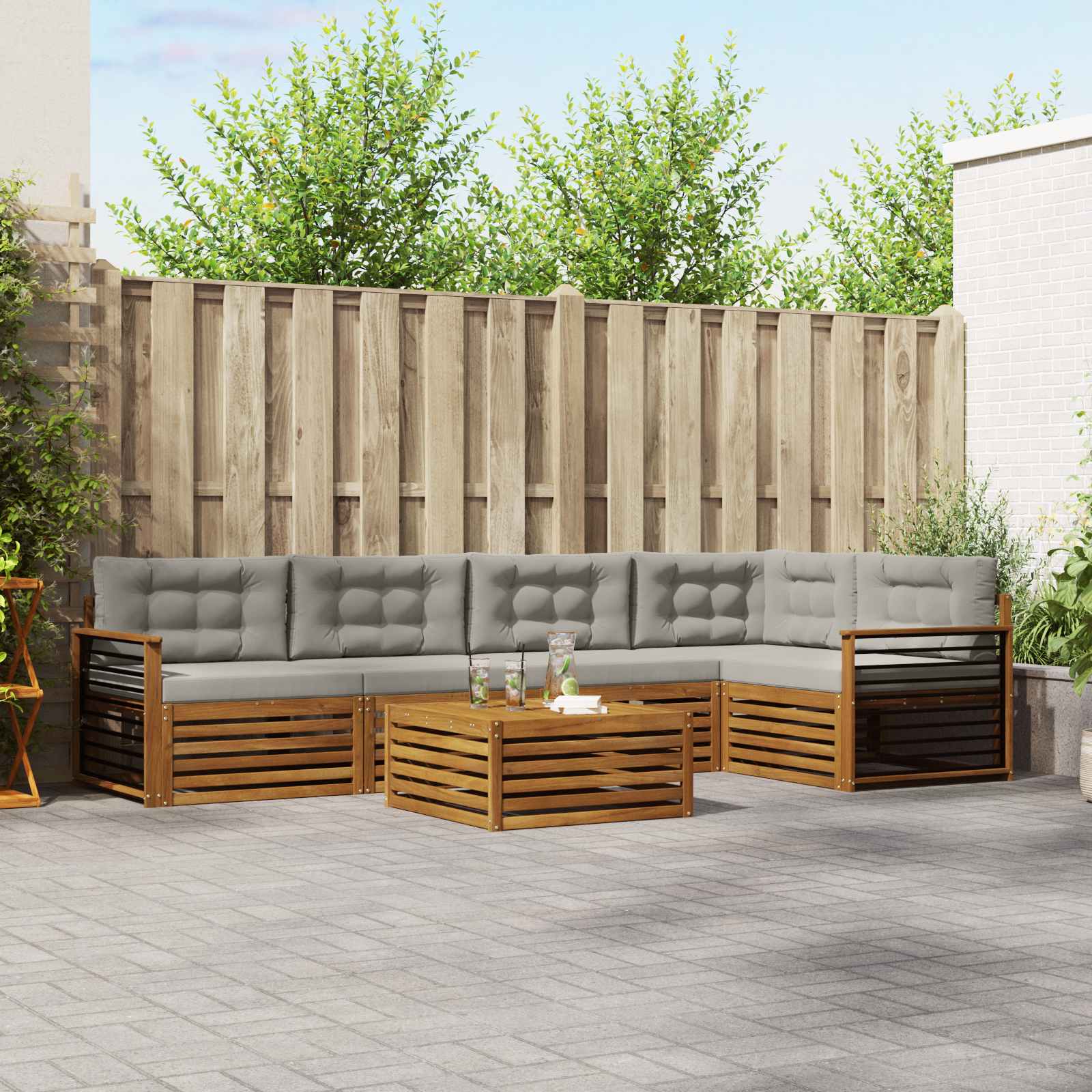 Buiten bankenset met kussen 6 pcs Natuurlijk en Lichtgrijs