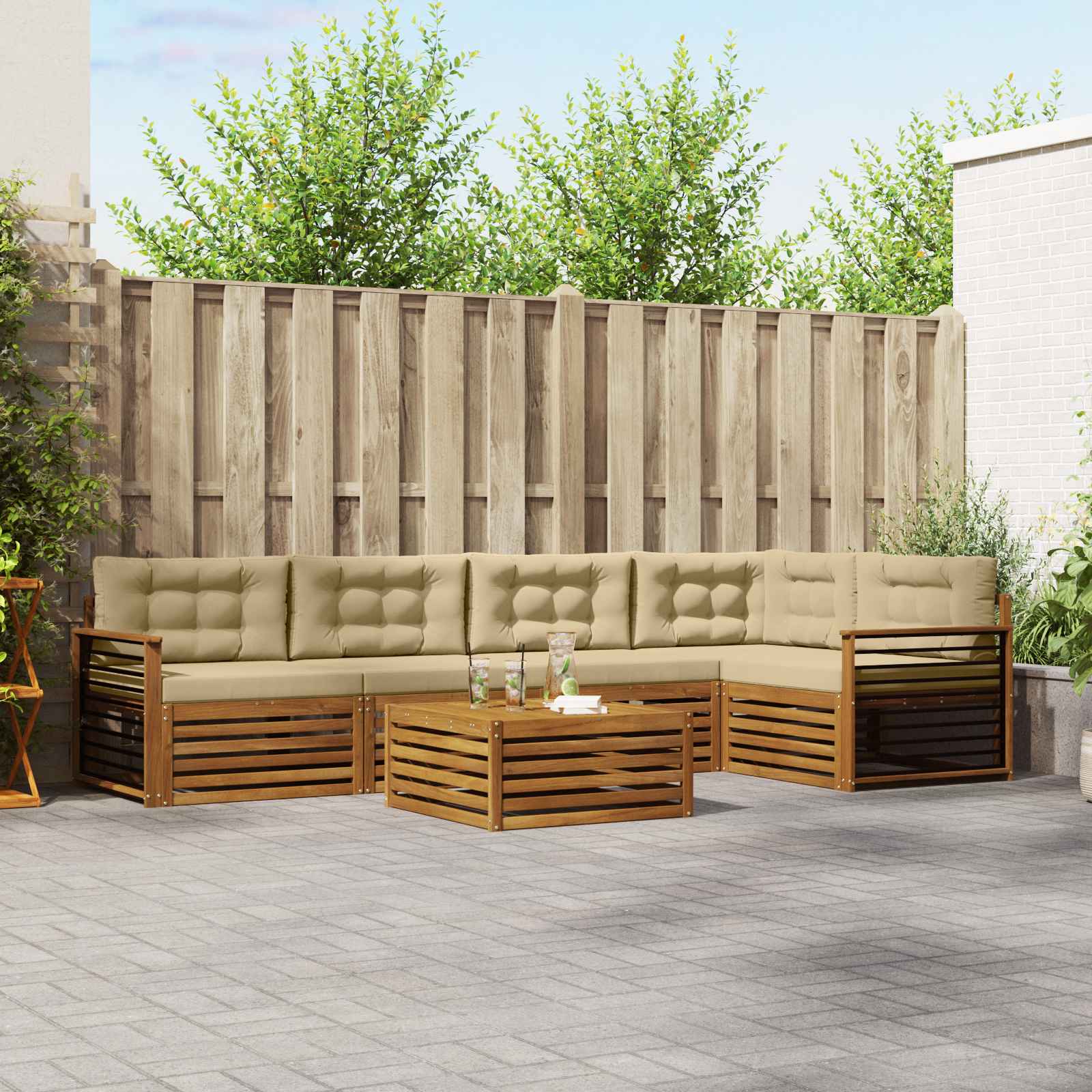 Buiten bankenset met kussen 6 pcs Natuurlijk en Beige