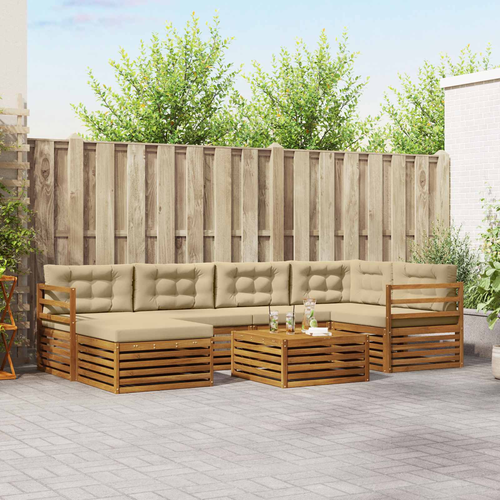 Buiten bankenset met kussen 7 pcs Natuurlijk en Beige
