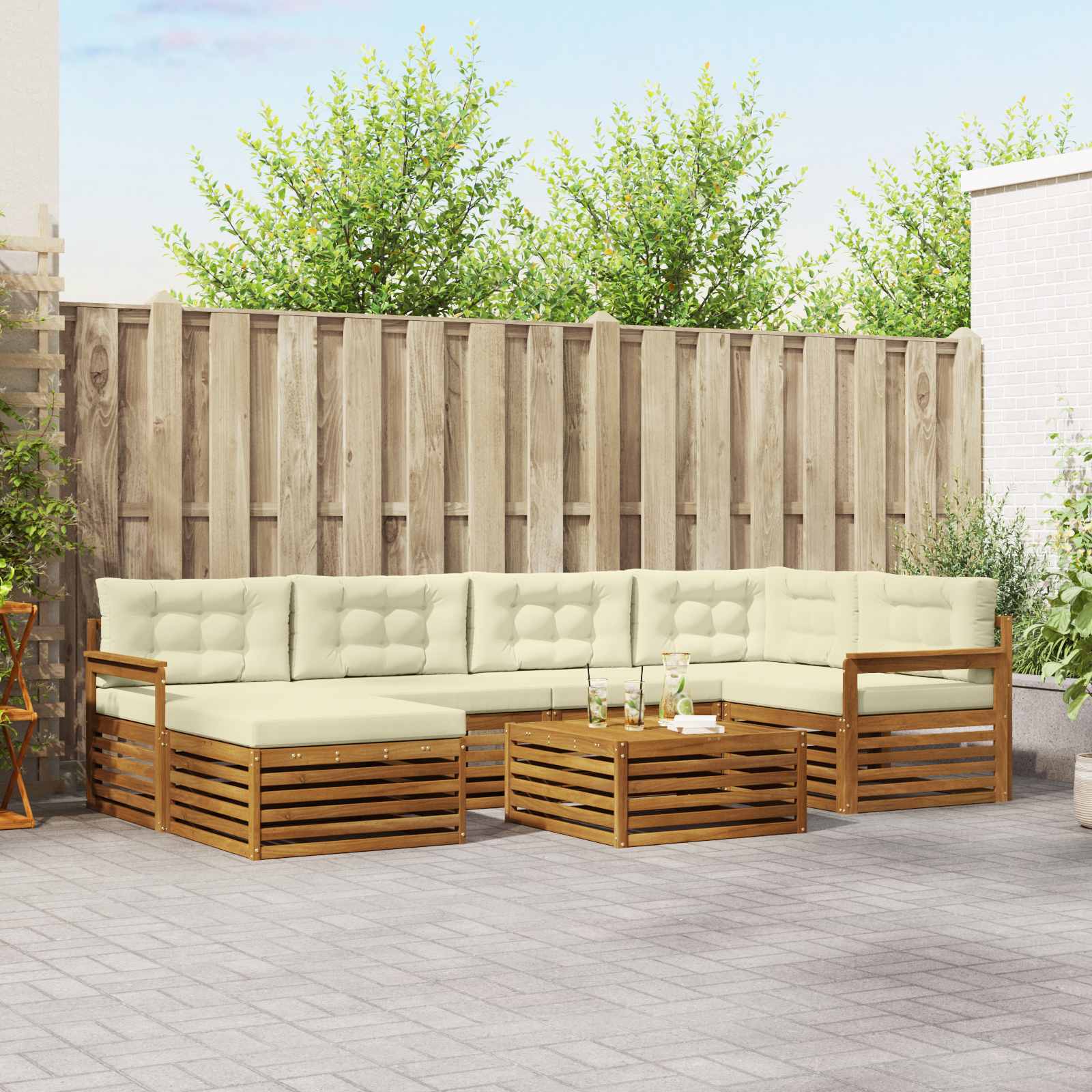 Buiten bankenset met kussen 7 pcs Natuurlijk en Crème
