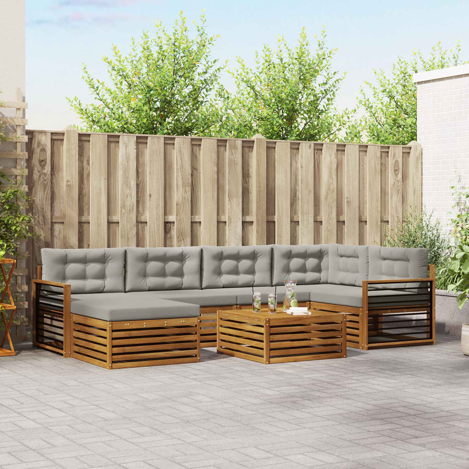 Buiten bankenset met kussen 7 pcs Natuurlijk en Lichtgrijs