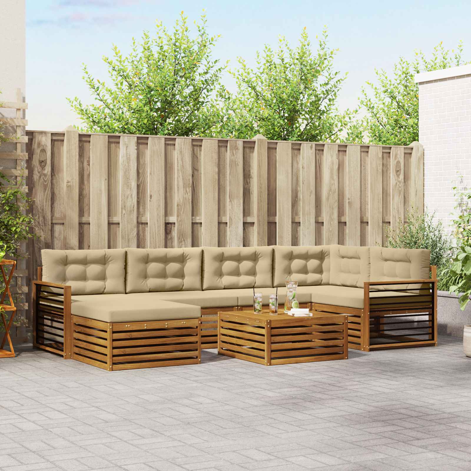 Buiten bankenset met kussen 7 pcs Natuurlijk en Beige