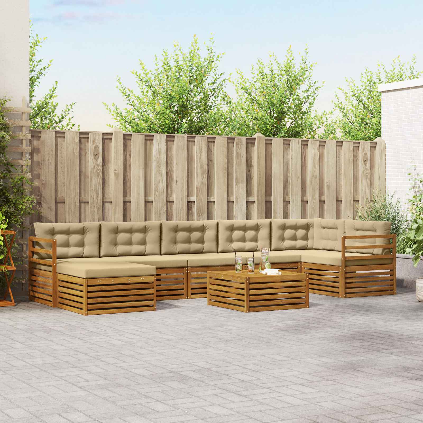 Buiten bankenset met kussen 8 pcs Natuurlijk en Beige