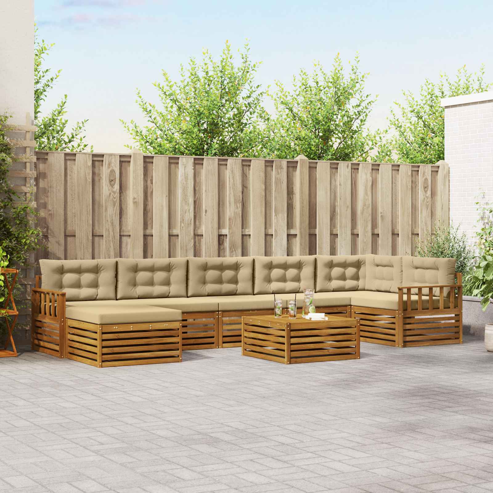 Buiten bankenset met kussen 8 pcs Natuurlijk en Beige