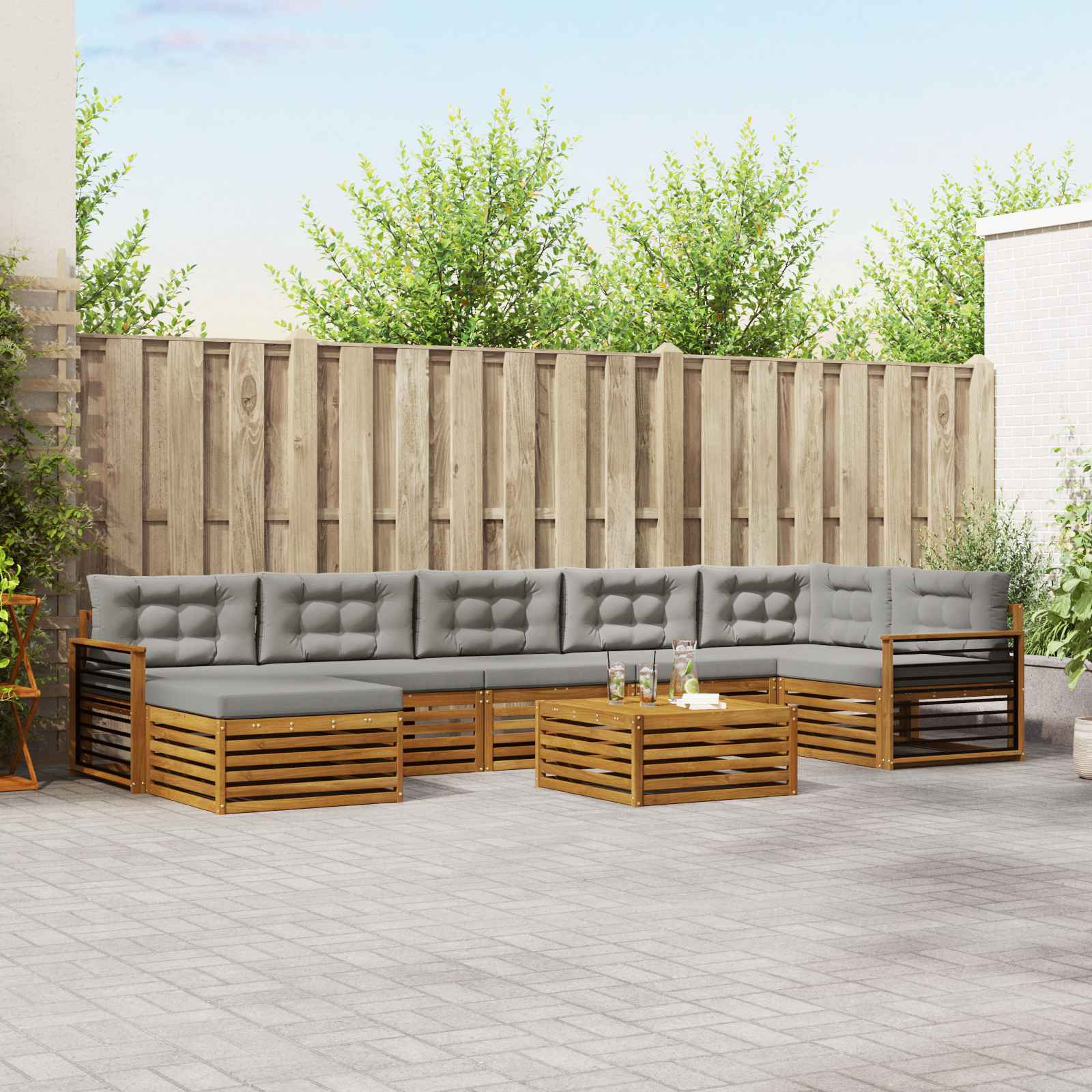 Buiten bankenset met kussen 8 pcs Natuurlijk en Lichtgrijs