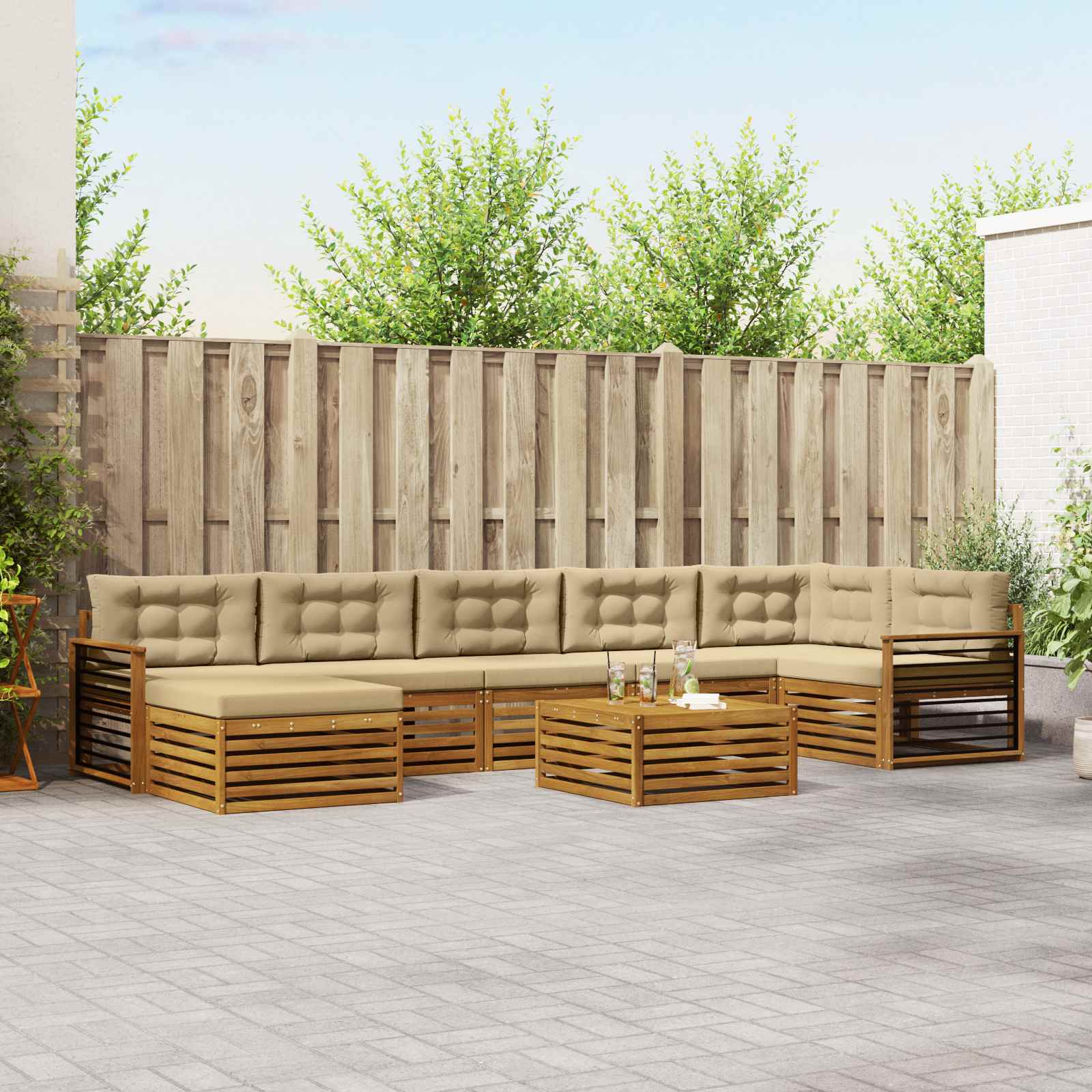Buiten bankenset met kussen 8 pcs Natuurlijk en Beige