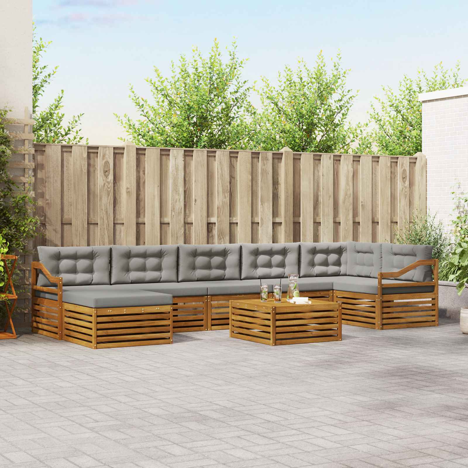 Buiten bankenset met kussen 8 pcs Natuurlijk en Lichtgrijs