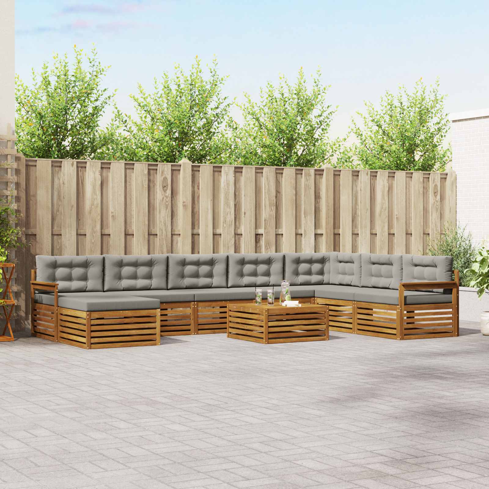 Buiten bankenset met kussen 9 pcs Natuurlijk en Lichtgrijs – afbeelding 1