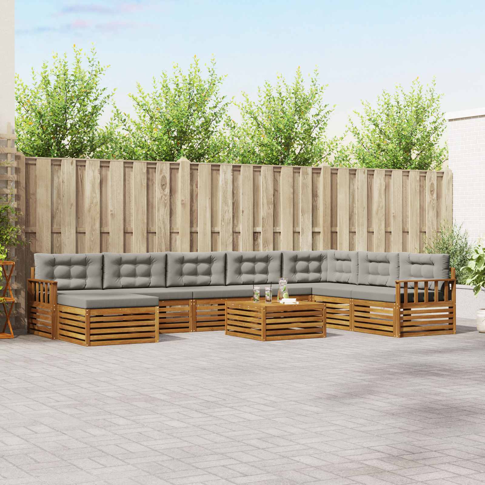 Buiten bankenset met kussen 9 pcs Natuurlijk en Lichtgrijs – afbeelding 1