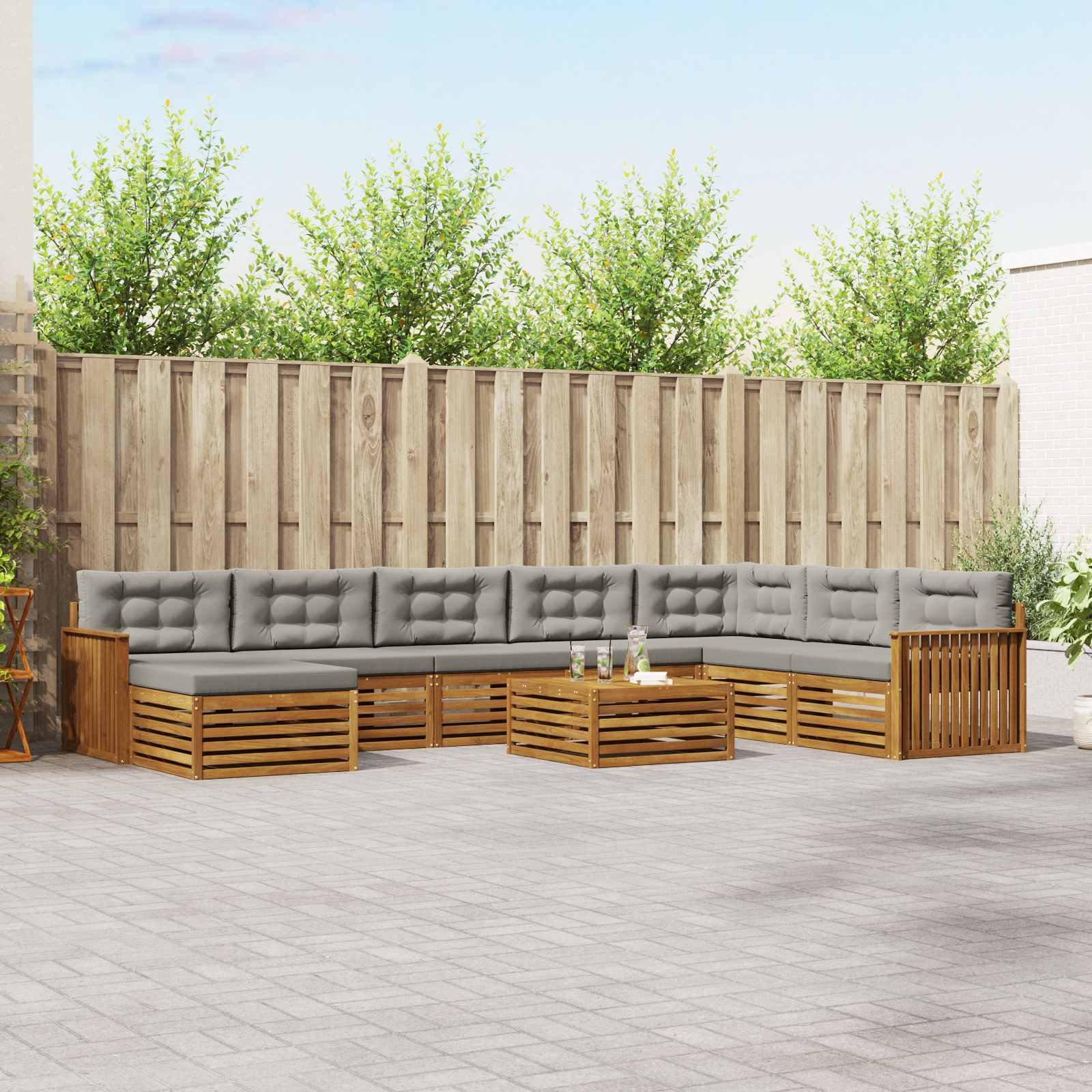 Buiten bankenset met kussen 9 pcs Natuurlijk en Lichtgrijs – afbeelding 1