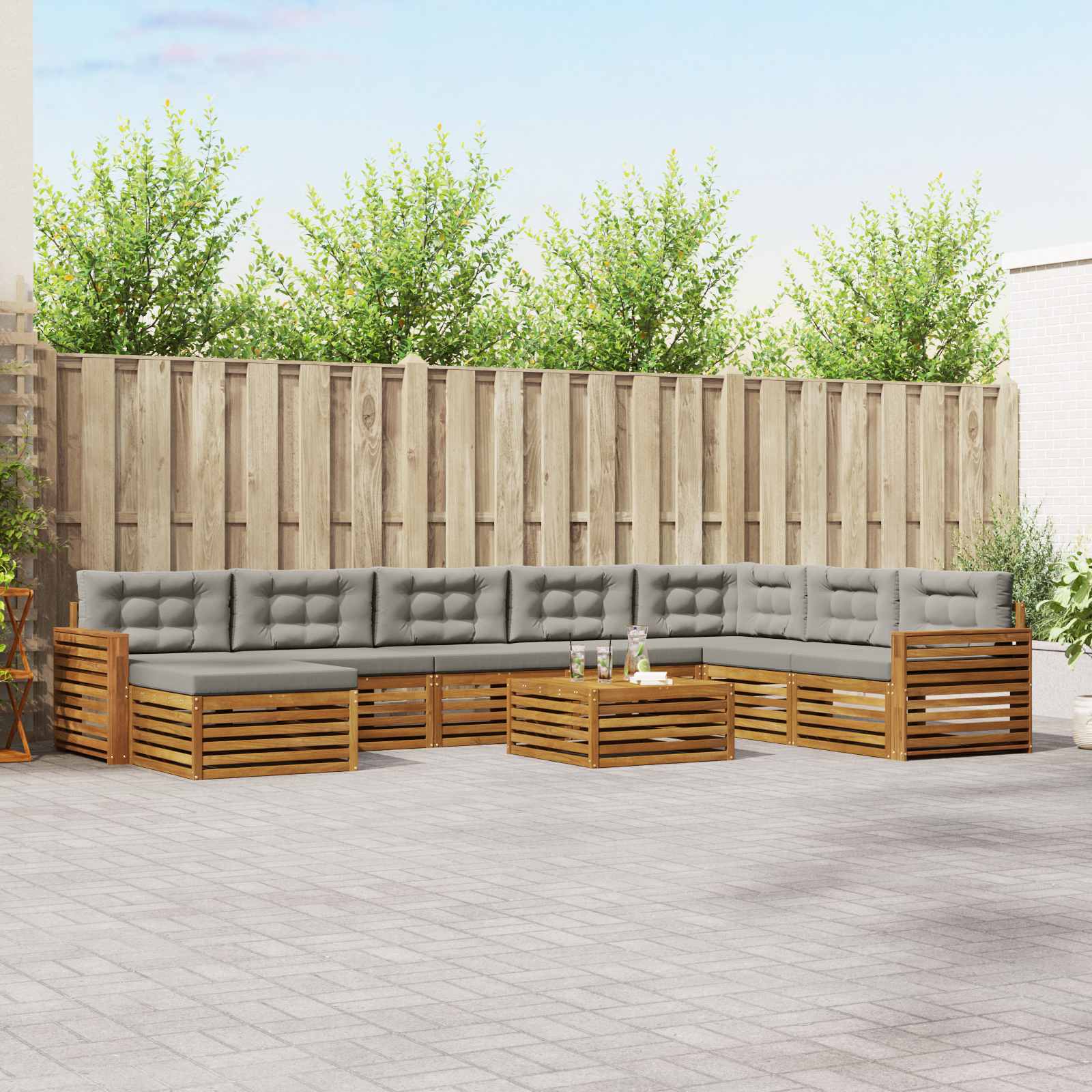 Buiten bankenset met kussen 9 pcs Natuurlijk en Lichtgrijs