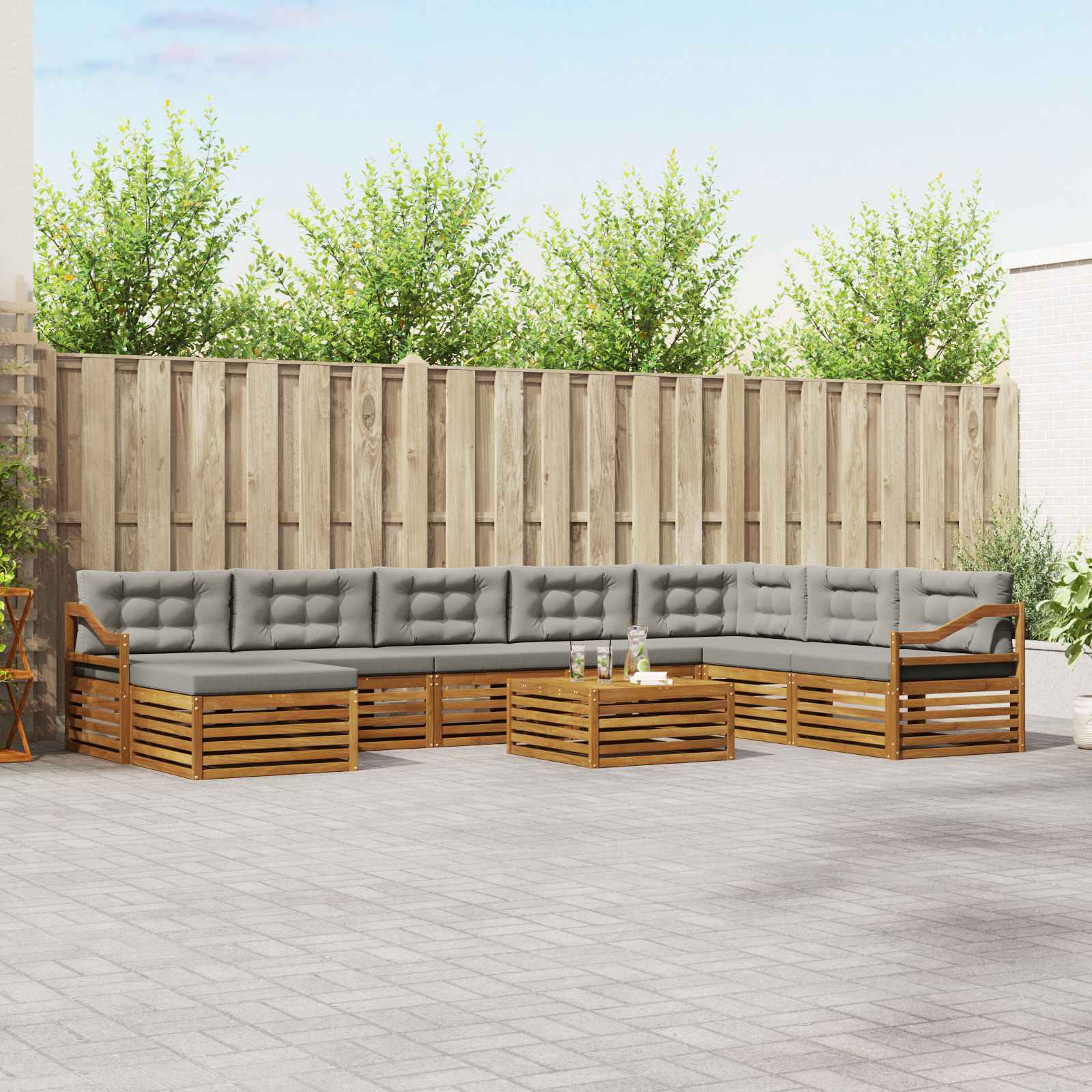 Buiten bankenset met kussen 9 pcs Natuurlijk en Lichtgrijs