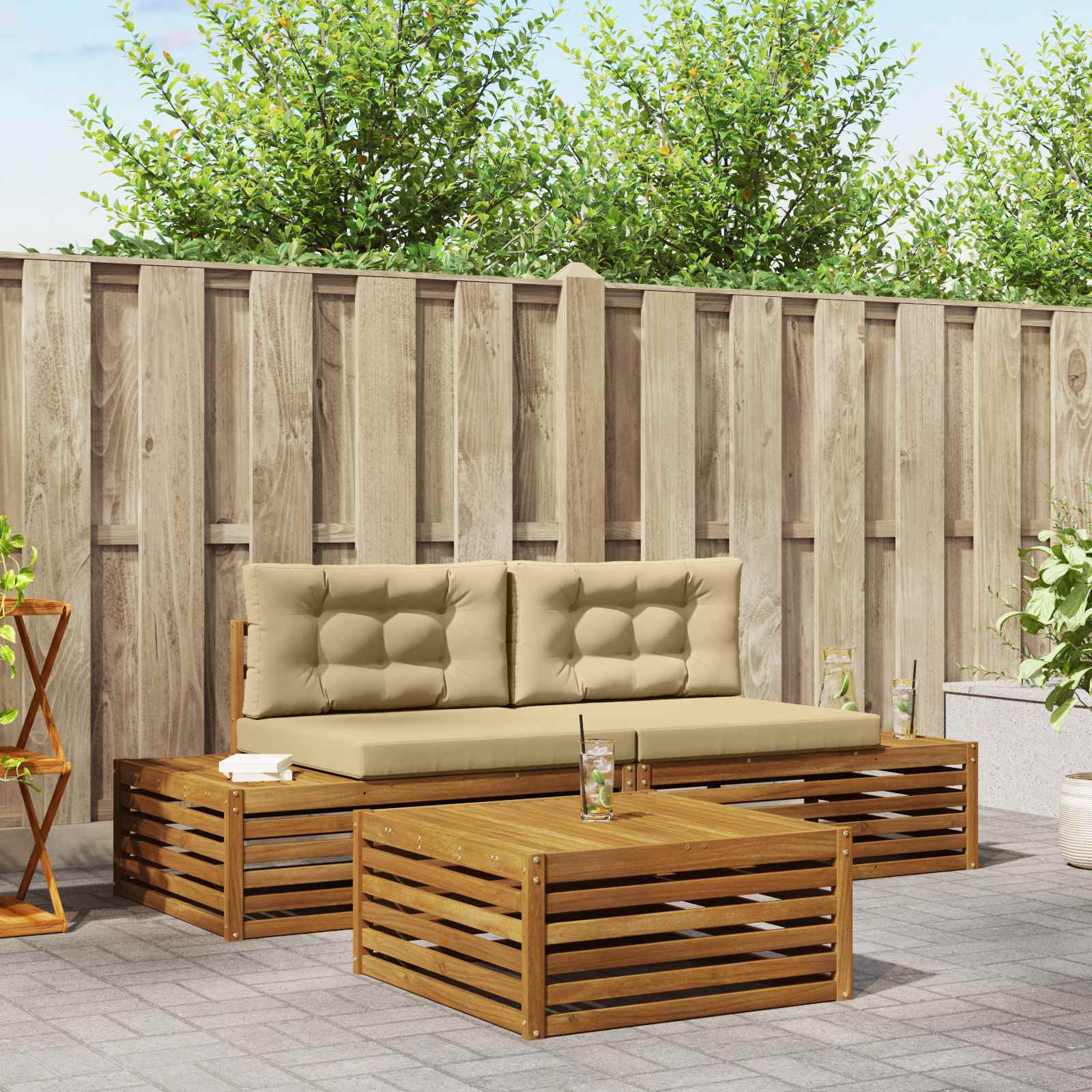 Buiten bankenset met kussen 3 Stuk Natuurlijk en Beige