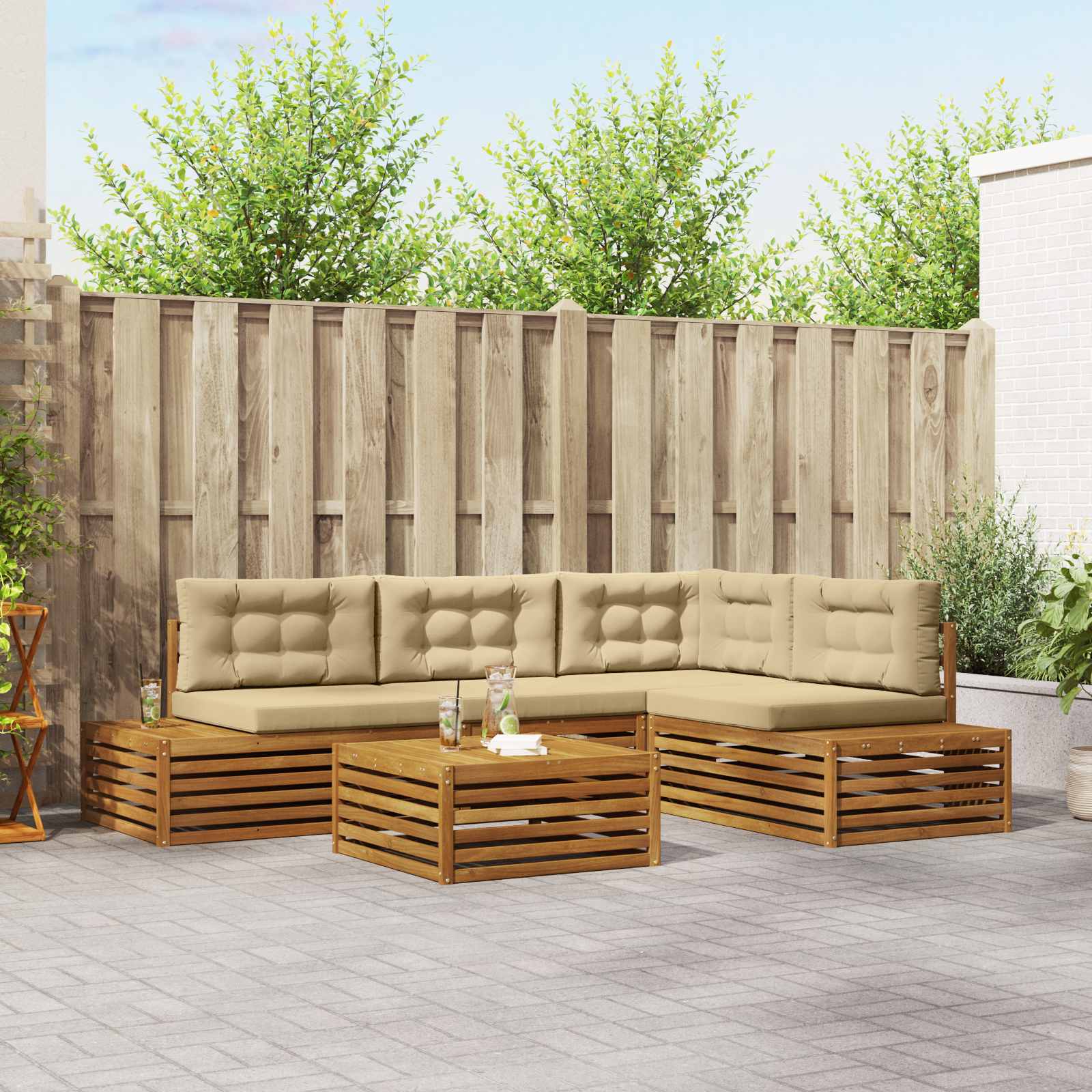 Buiten bankenset met kussen 5 Stuk Natuurlijk en Beige