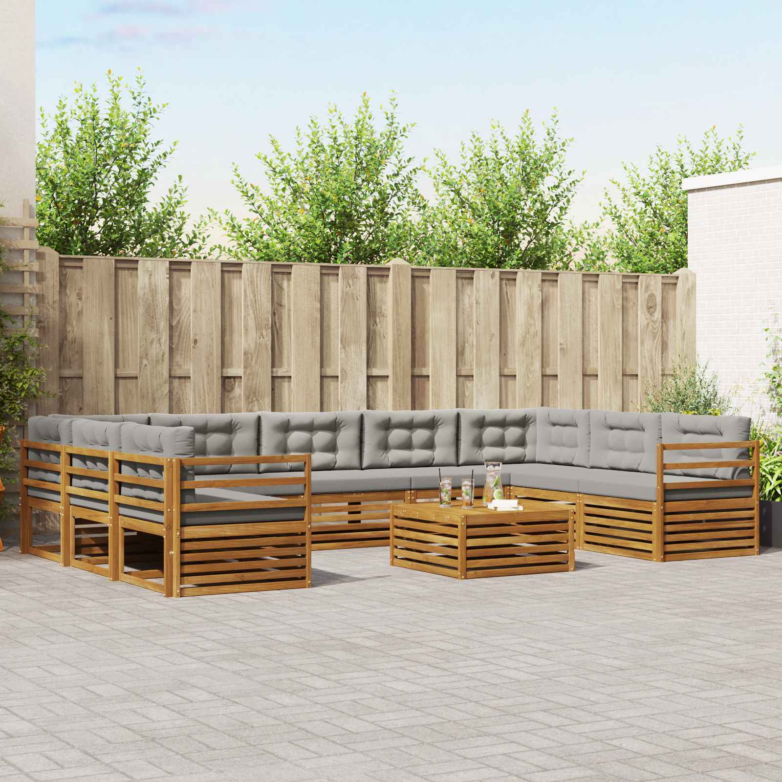 Buiten bankenset met kussen 10 pcs Natuurlijk en Lichtgrijs