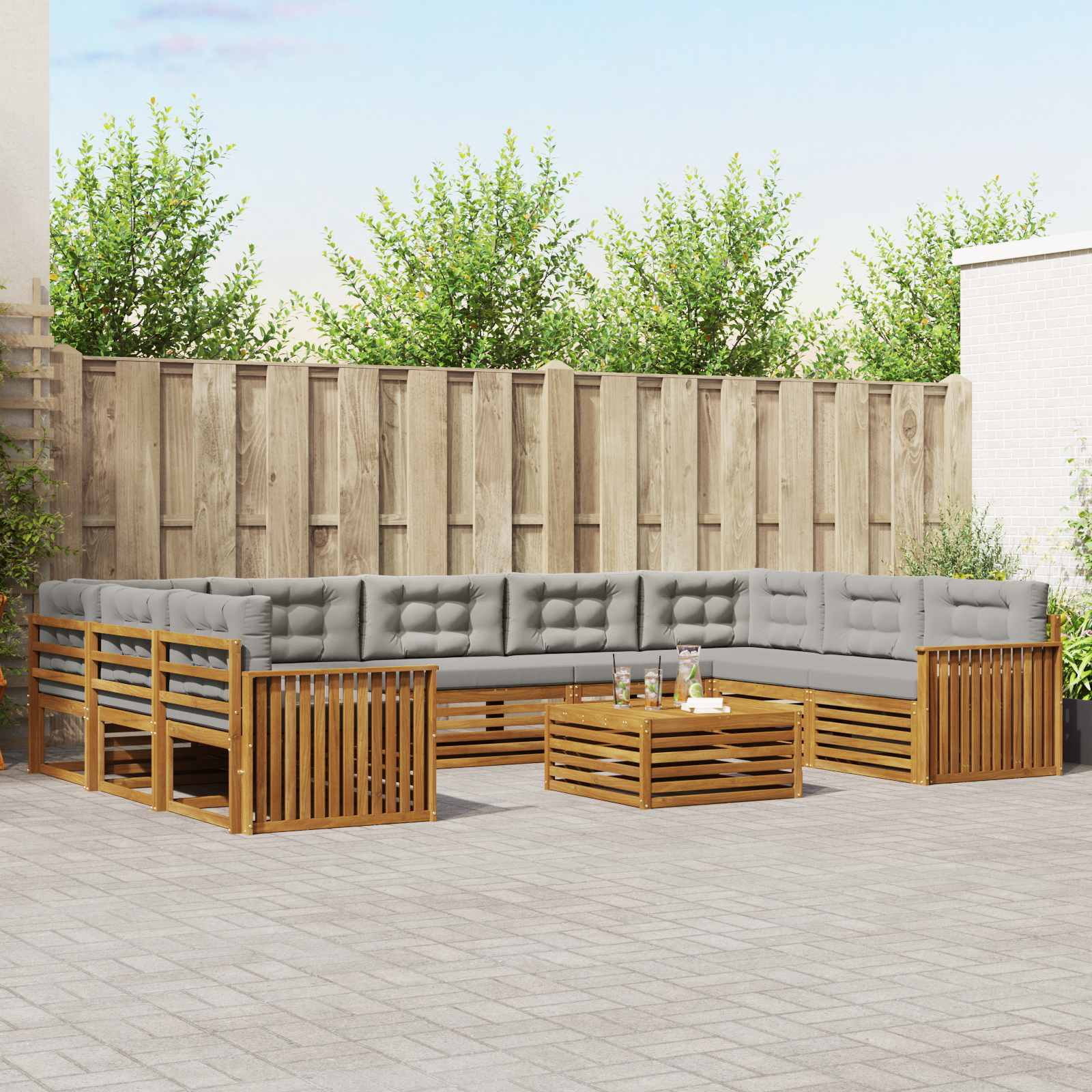 Buiten bankenset met kussen 10 pcs Natuurlijk en Lichtgrijs