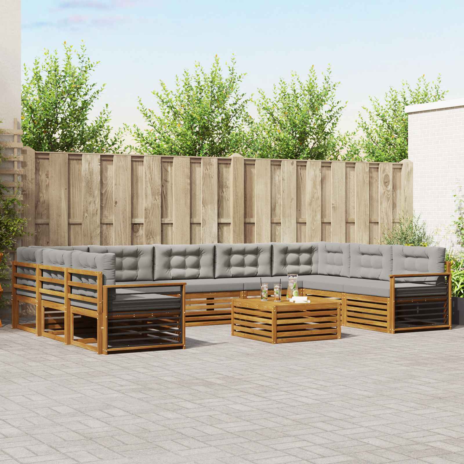 Buiten bankenset met kussen 10 pcs Natuurlijk en Lichtgrijs