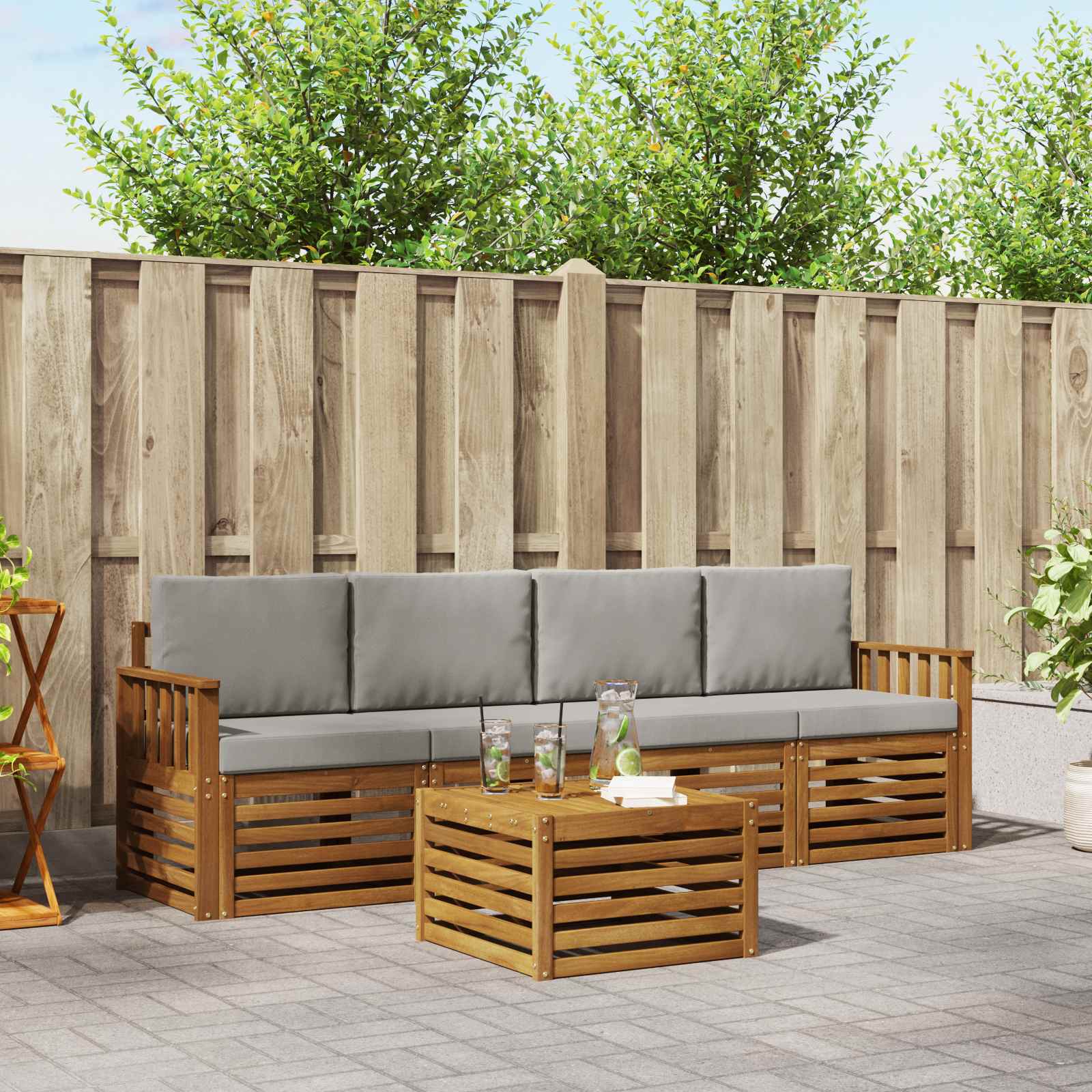 Buiten bankenset met kussen 5 pcs Natuurlijk en Lichtgrijs