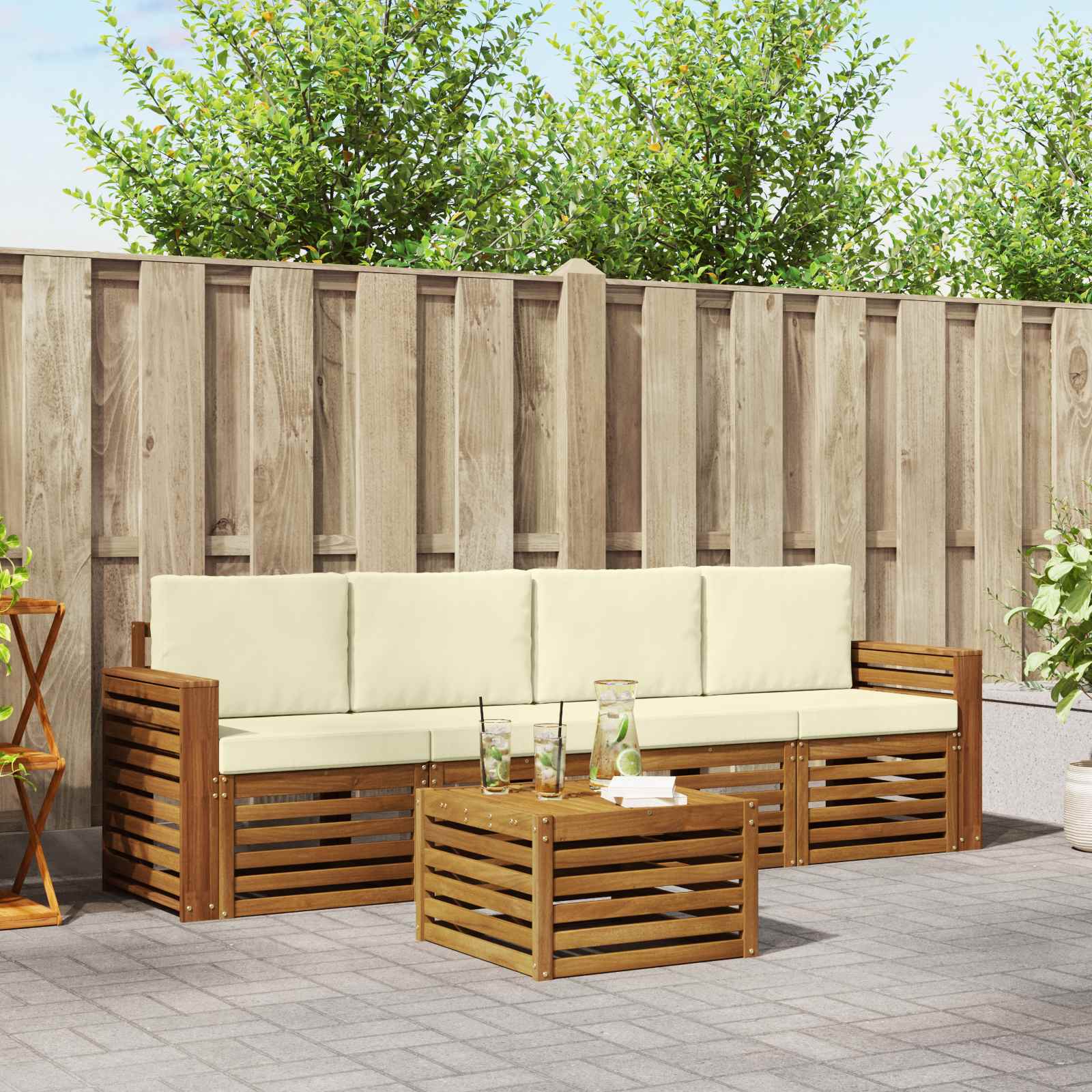 Buiten bankenset 5 pcs Natuurlijk en Crème Massief Acaciahout