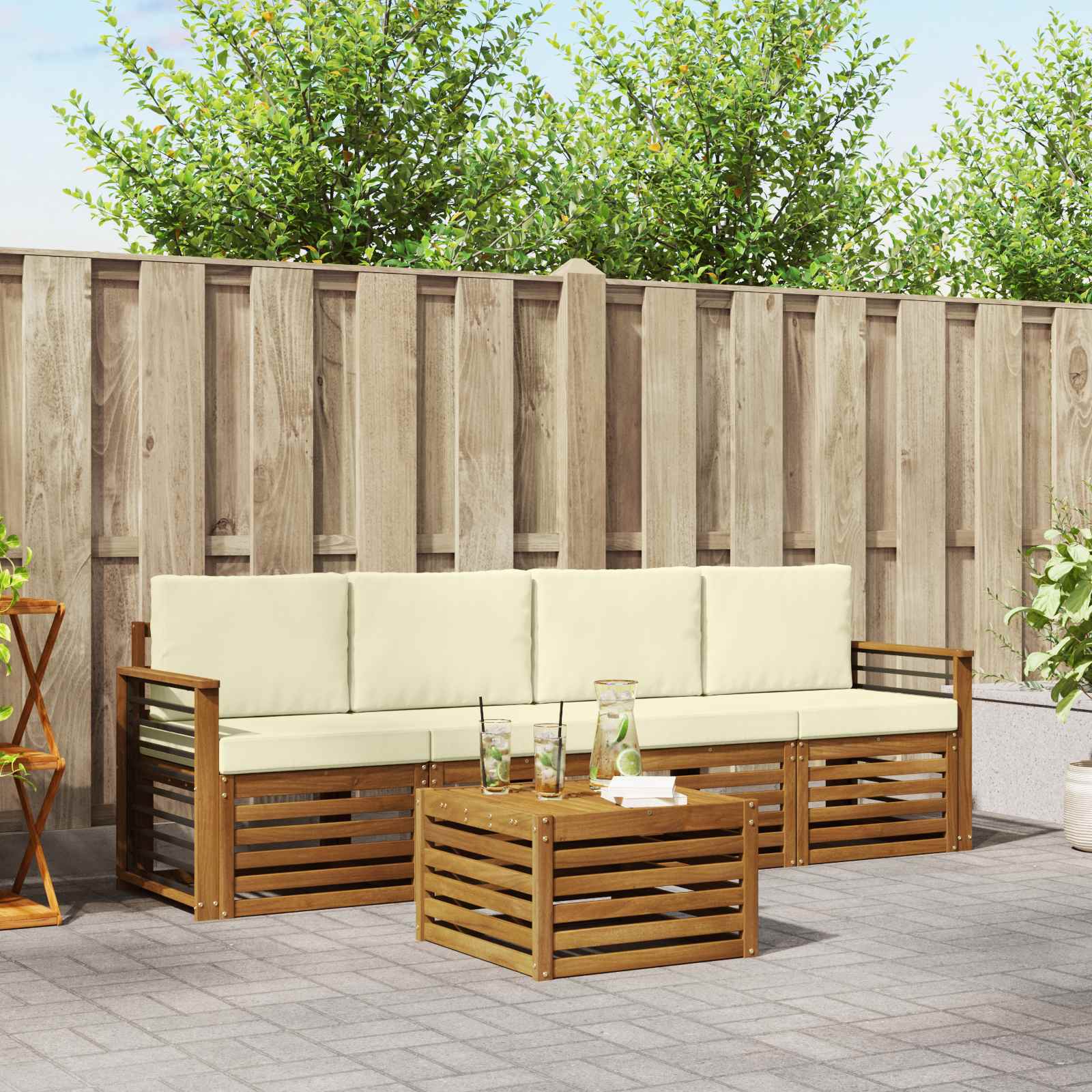 Buiten bankenset 5 pcs Natuurlijk en Crème Massief Acaciahout