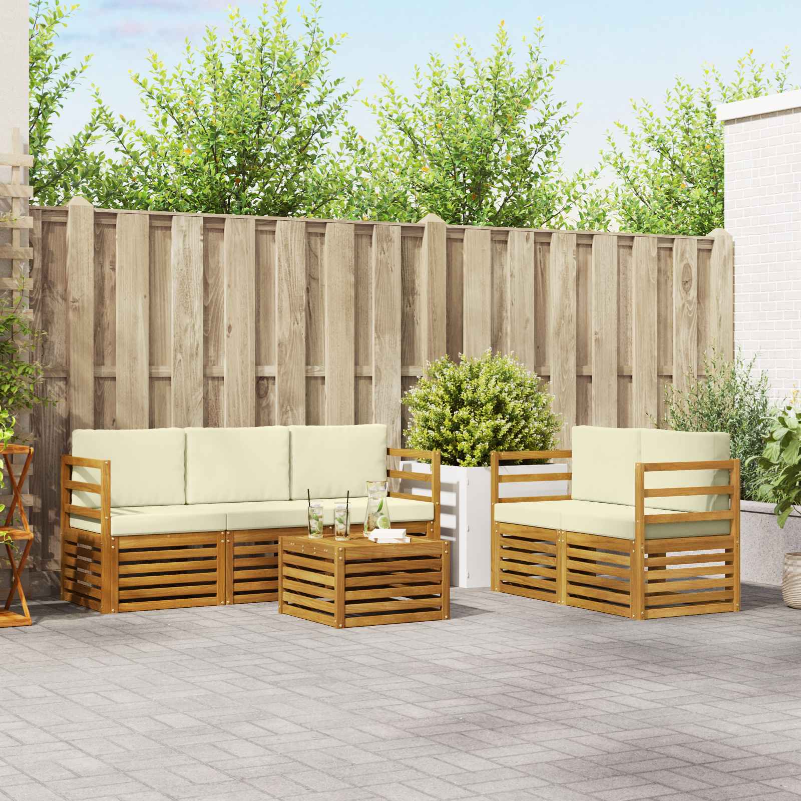 Sofa-Sets 6 pcs Natuurlijk en Crème Massief Acaciahout – afbeelding 1