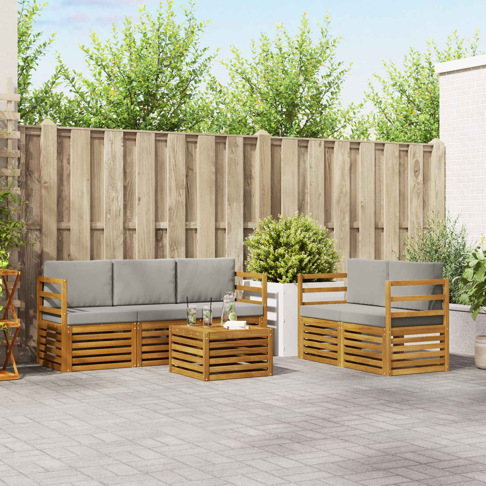 Sofa-Sets 6 pcs Natuurlijk en Lichtgrijs Massief Acaciahout – afbeelding 1