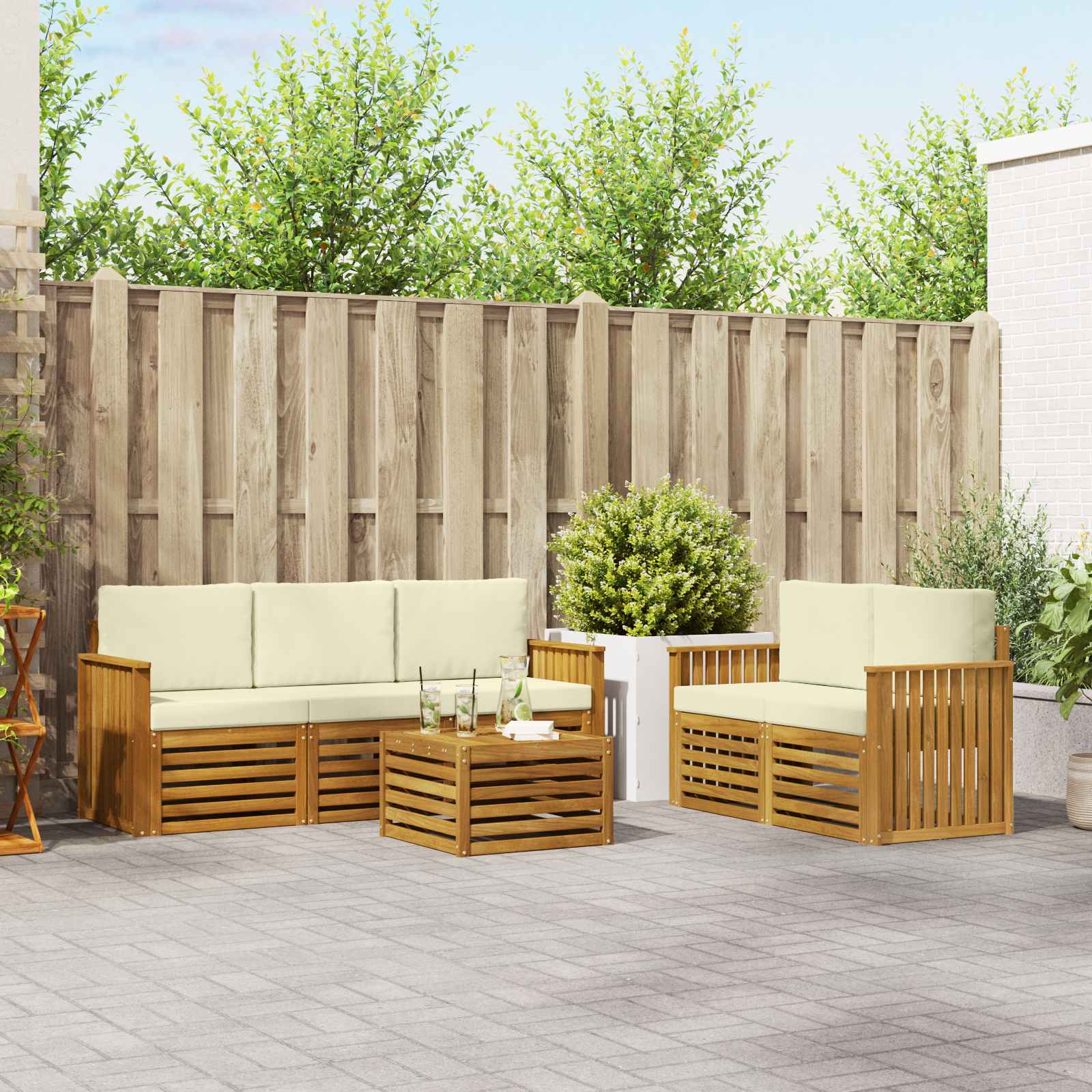 Sofa-Sets 6 pcs Natuurlijk en Crème Massief Acaciahout