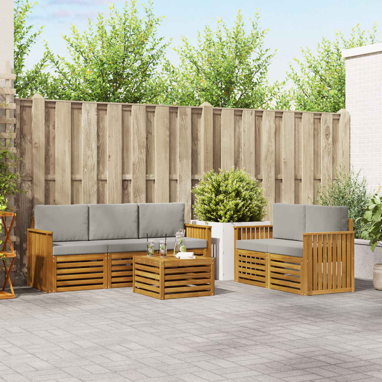 Sofa-Sets 6 pcs Natuurlijk en Lichtgrijs Massief Acaciahout – afbeelding 1