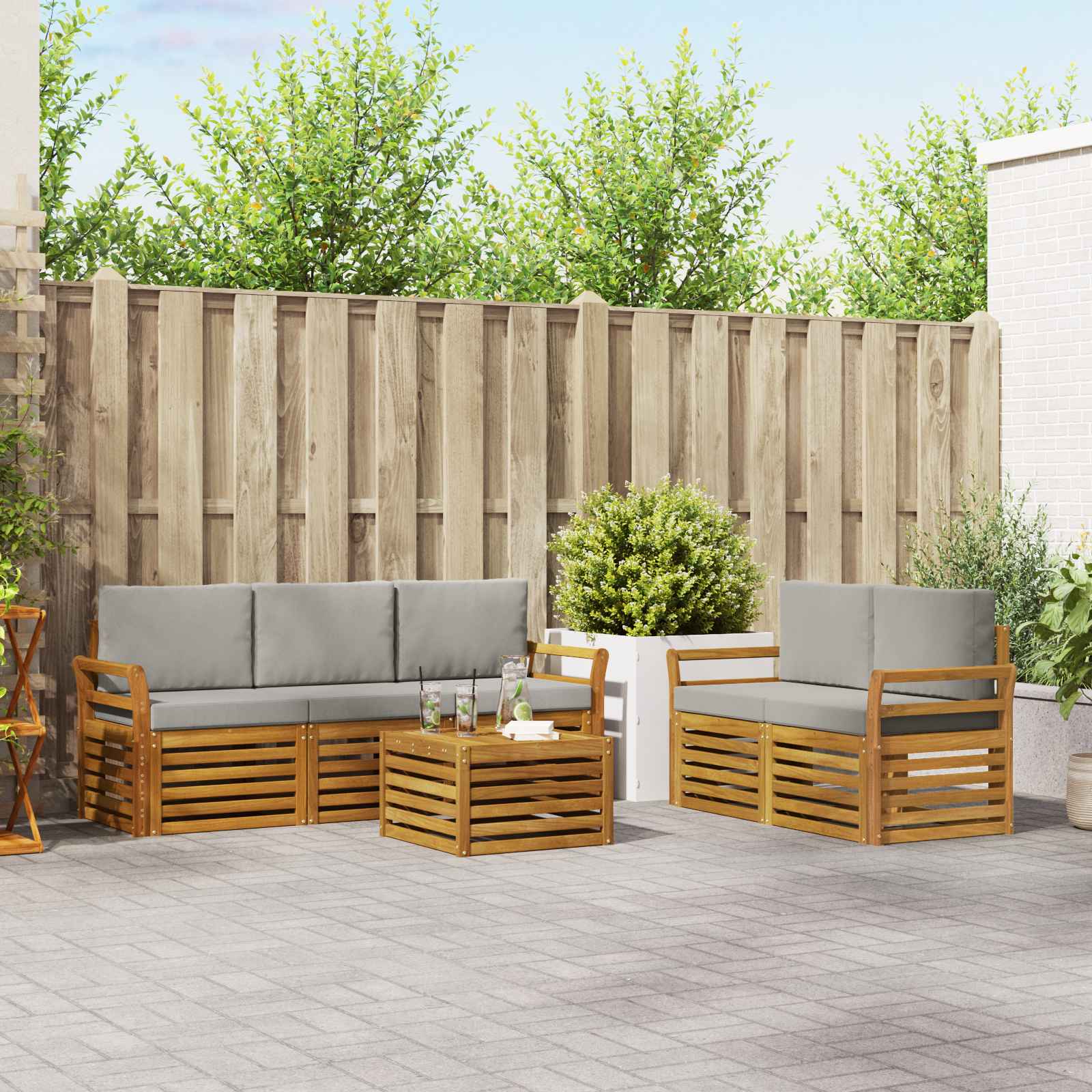 Sofa-Sets 6 pcs Natuurlijk en Lichtgrijs Massief Acaciahout – afbeelding 1