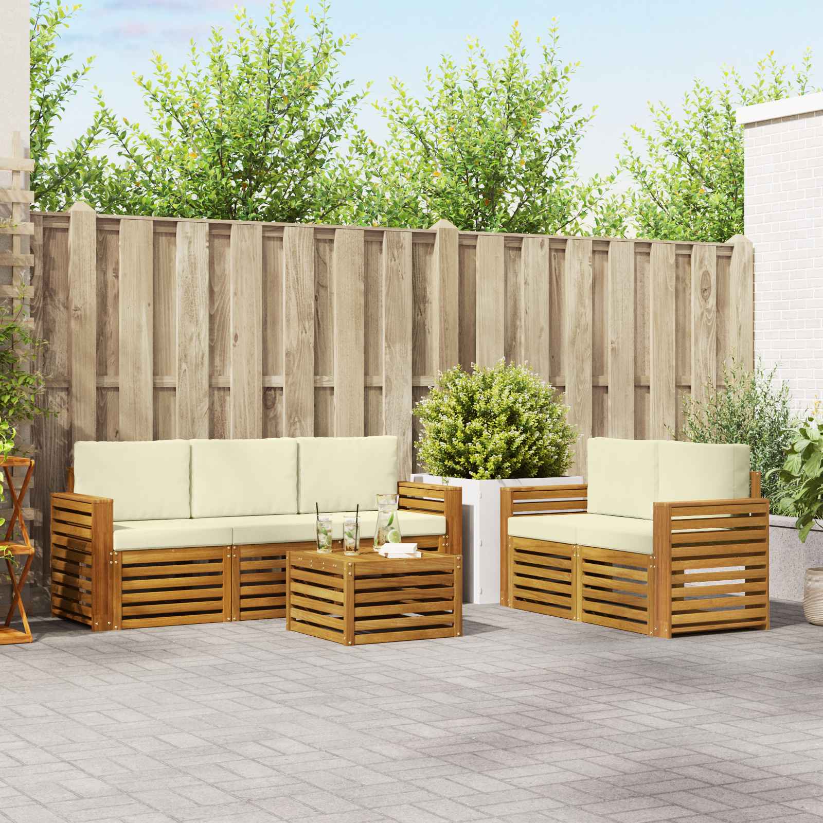 Sofa-Sets 6 pcs Natuurlijk en Crème Massief Acaciahout