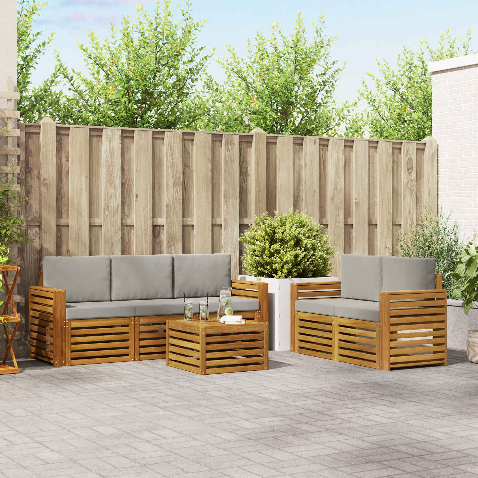 Sofa-Sets 6 pcs Natuurlijk en Lichtgrijs Massief Acaciahout
