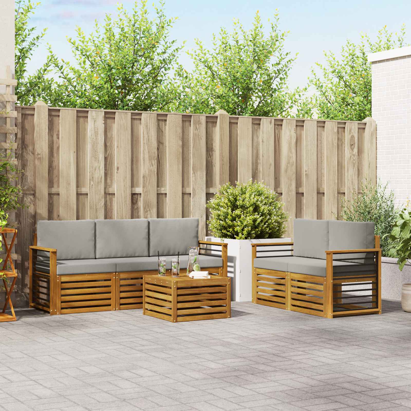 Sofa-Sets 6 pcs Natuurlijk en Lichtgrijs Massief Acaciahout