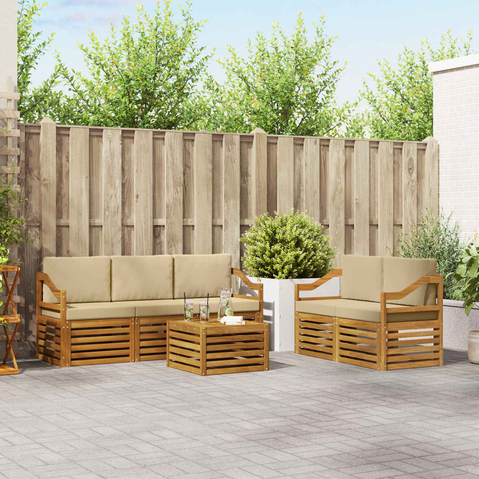 Sofa-Sets 6 pcs Natuurlijk en Beige Massief Acaciahout – afbeelding 1