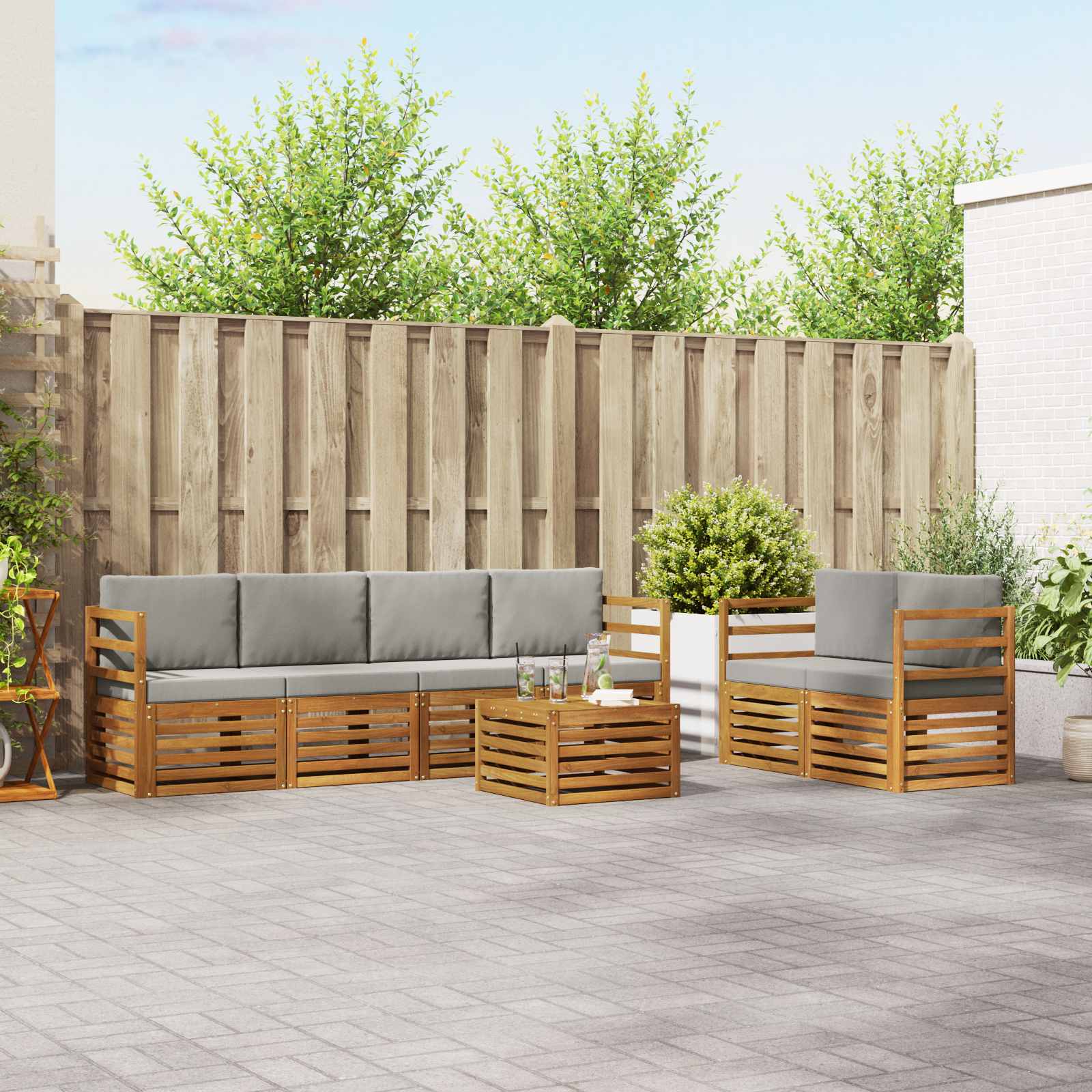 Buiten bankenset met kussen 7 pcs Natuurlijk en Lichtgrijs