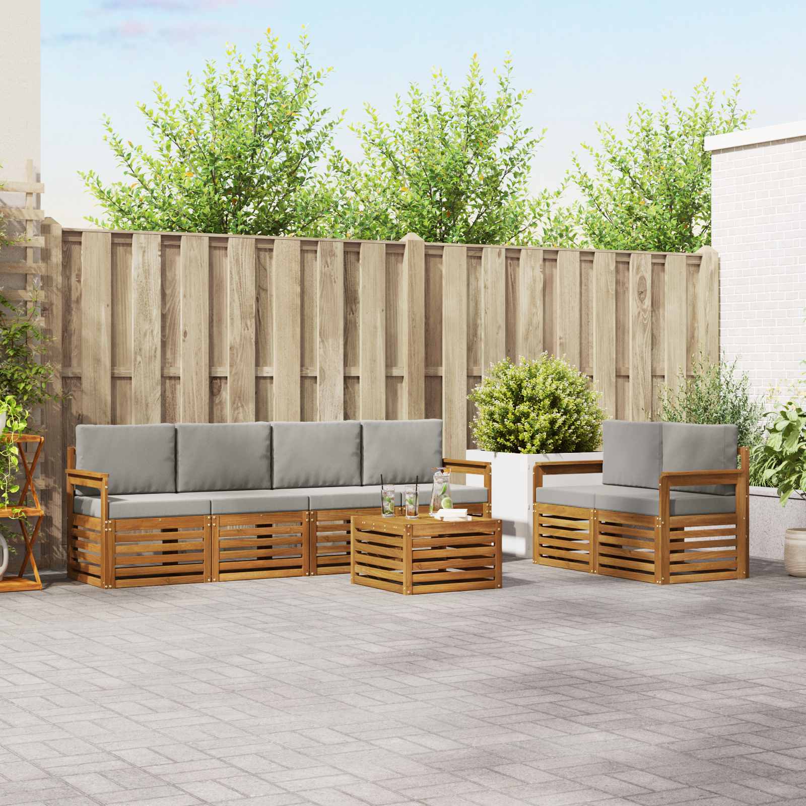 Buiten bankenset met kussen 7 pcs Natuurlijk en Lichtgrijs – afbeelding 1