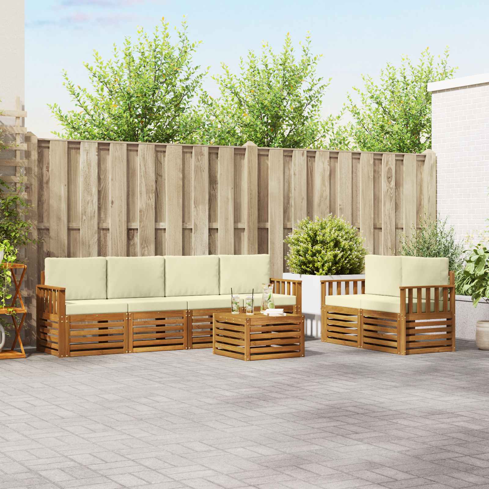 Buiten bankenset 7 pcs Natuurlijk en Crème Massief Acaciahout