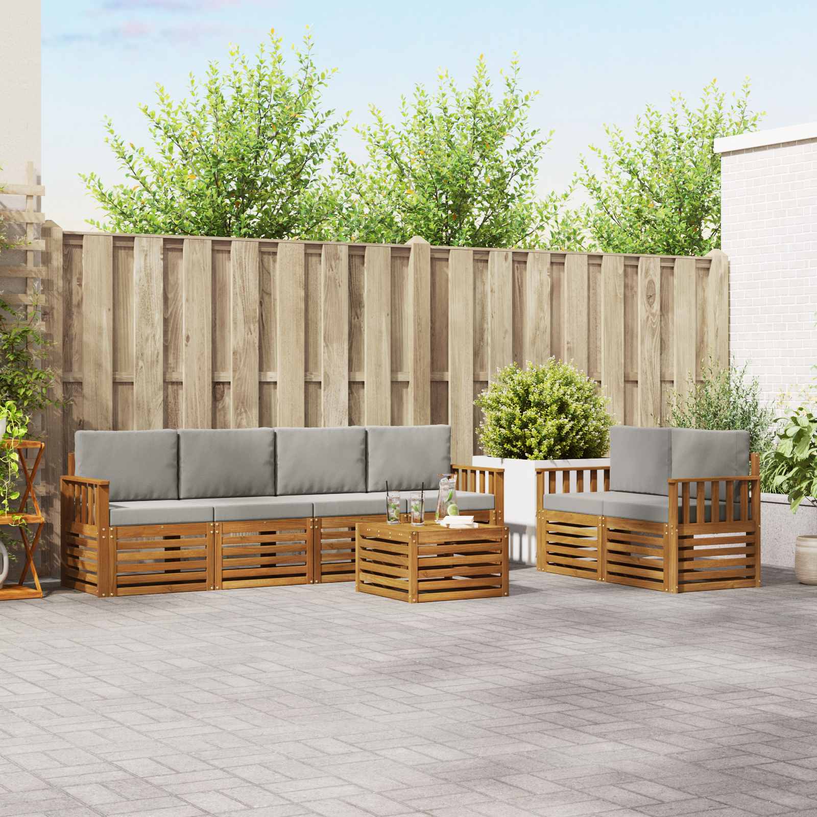 Buiten bankenset met kussen 7 pcs Natuurlijk en Lichtgrijs – afbeelding 1