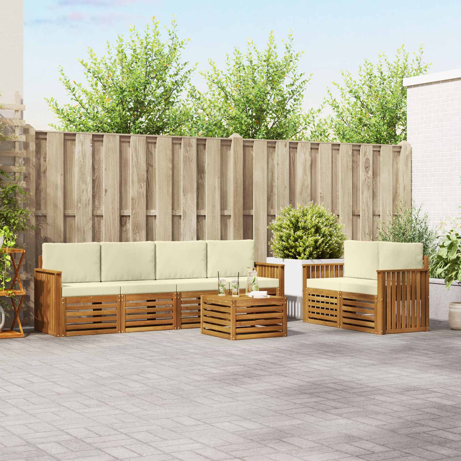 Buiten bankenset 7 pcs Natuurlijk en Crème Massief Acaciahout