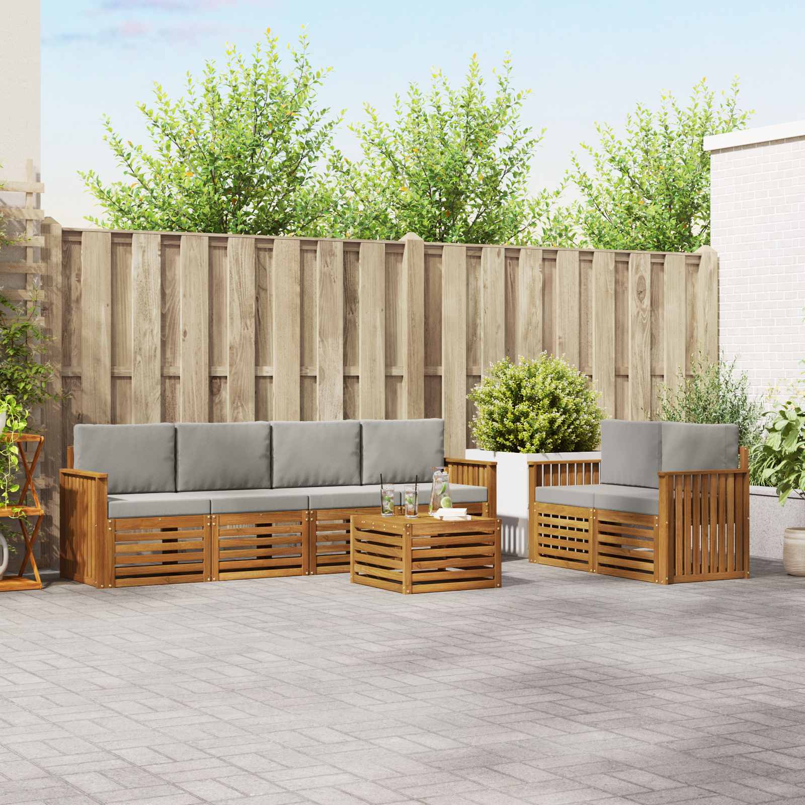 Buiten bankenset met kussen 7 pcs Natuurlijk en Lichtgrijs – afbeelding 1