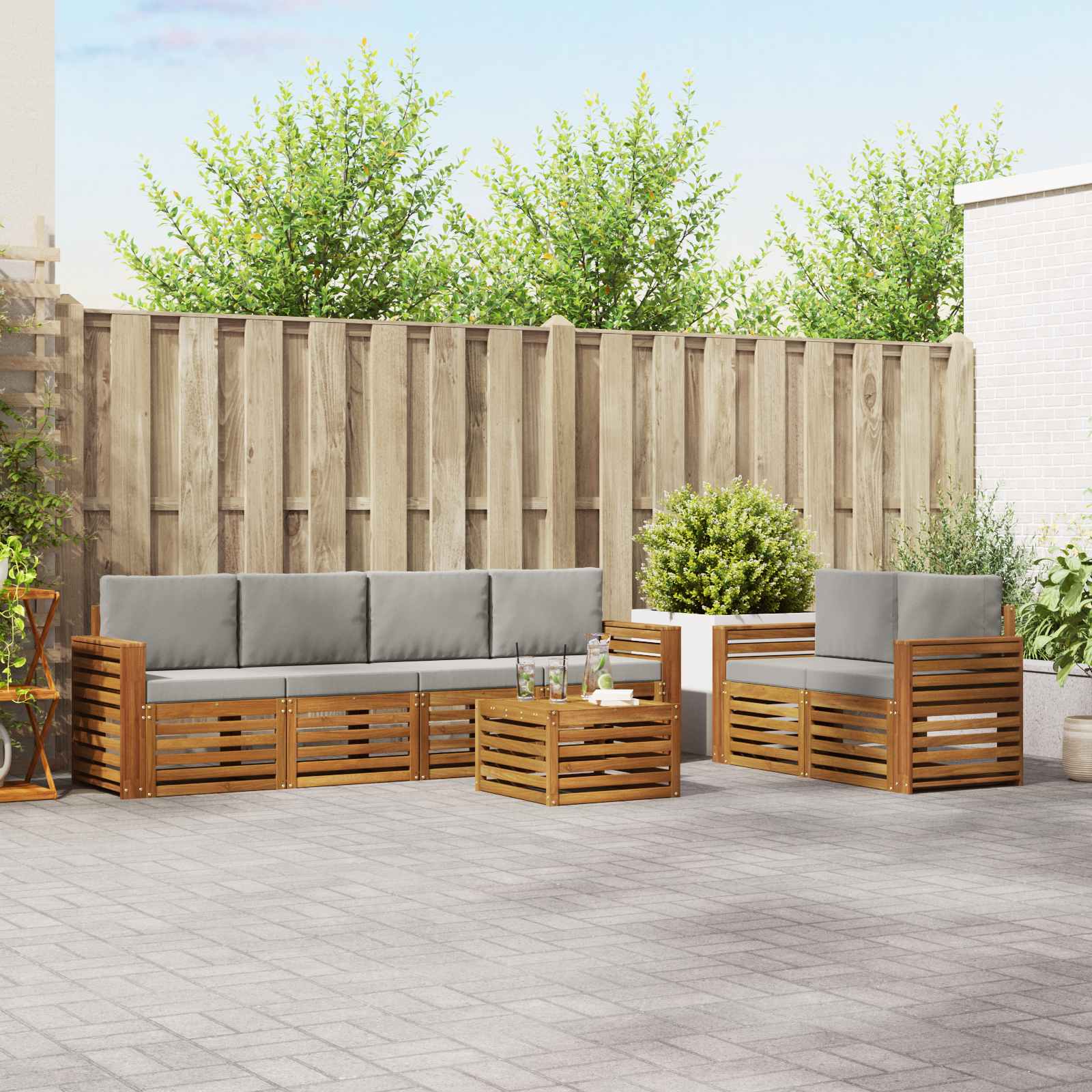 Buiten bankenset met kussen 7 pcs Natuurlijk en Lichtgrijs – afbeelding 1